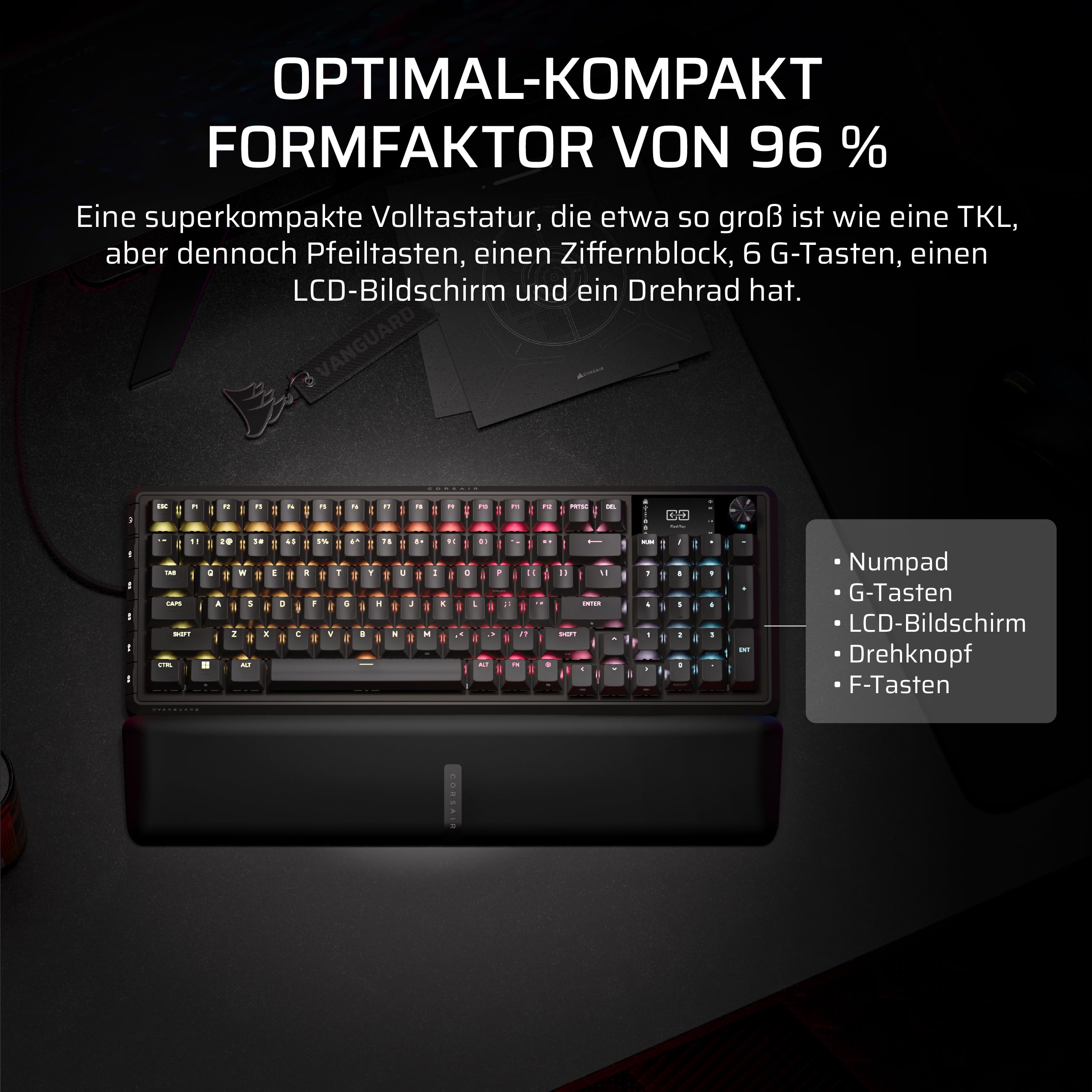 Corsair Vanguard PRO 96 Kabelgebundene Gaming-Tastatur Schwarz QWERTZ DE Hall-Effekt 96% MGX Hyperdrive Schalter 8000Hz Rapid Trigger Virtual Stream Deck SOCD Flashtap