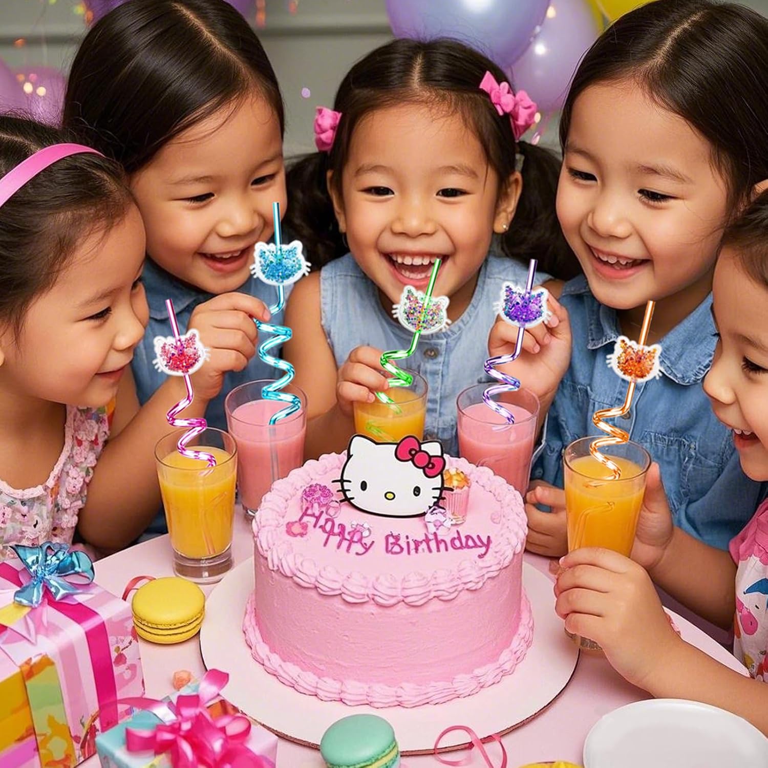 24 Glitter Cat Straws，Reusable Straws with 24 Detachable Kitty Charms - 6 Colors Spiral Party Drinking Straws ，2 Cleaning Brushes for Birthdays, Christmas, Kids & Adults - Image 4