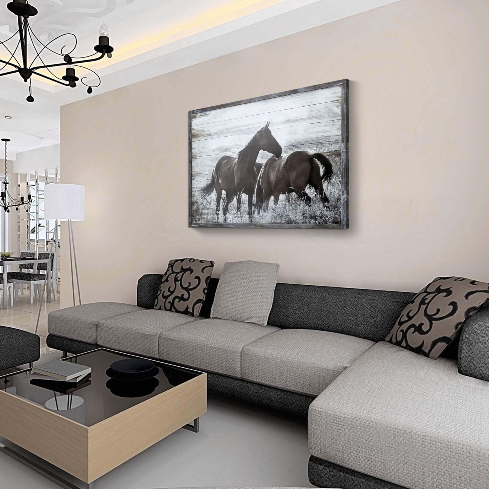 Quadro Con Cavalli In Corsa Su Legno UTOP-art - Stampa Artistica Rustica, Cornice 122x61 Cm, Decorazione Da Parete Per Soggiorno