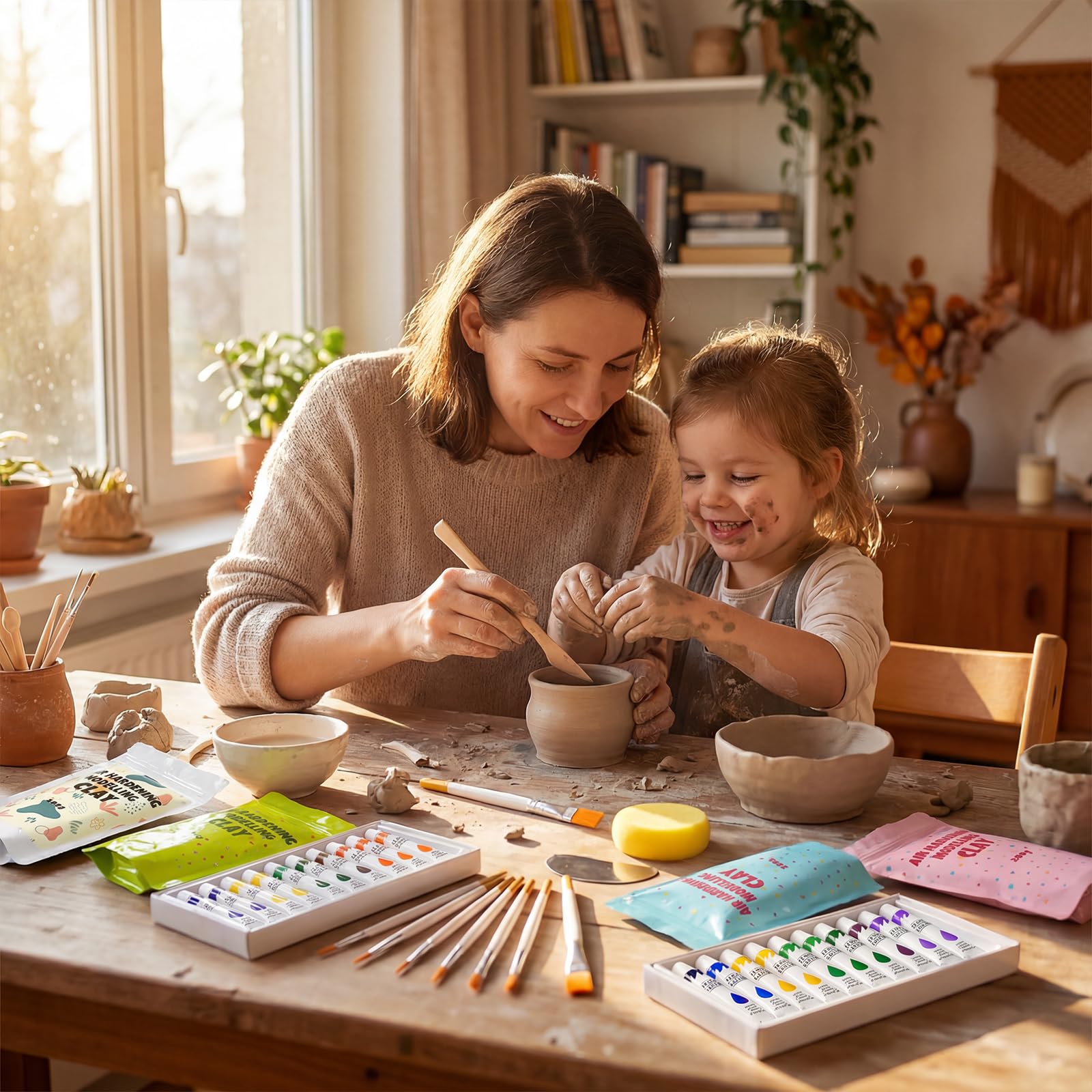 Töpferset für Zuhause für Anfänger 36 Teiliges, 2kg Lufttrocknender Ton, mit Glanzlack, Farbe, Werkzeugset, Pinsel, Schwamm, Töpfern ohne Brennen, für Erwachsene und Kinder für Kreative Projekte