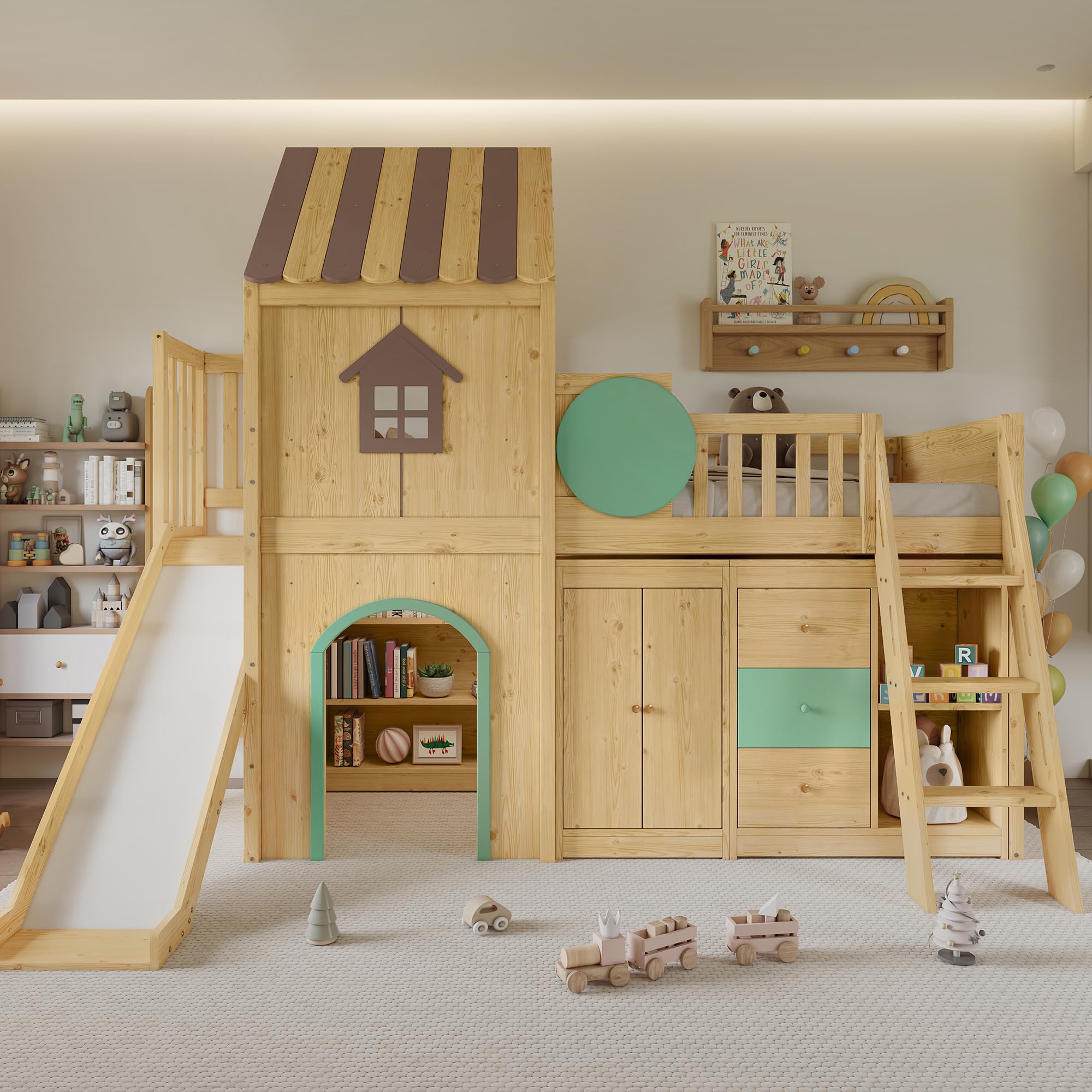 Merax Hochbett 90x200 cm Etagenbett mit Treppe und Rutsche, Hausdesign Bettgestell aus Kiefer und MDF, mit Schrank, Schubladen und Ablagefächern, Natur Grün