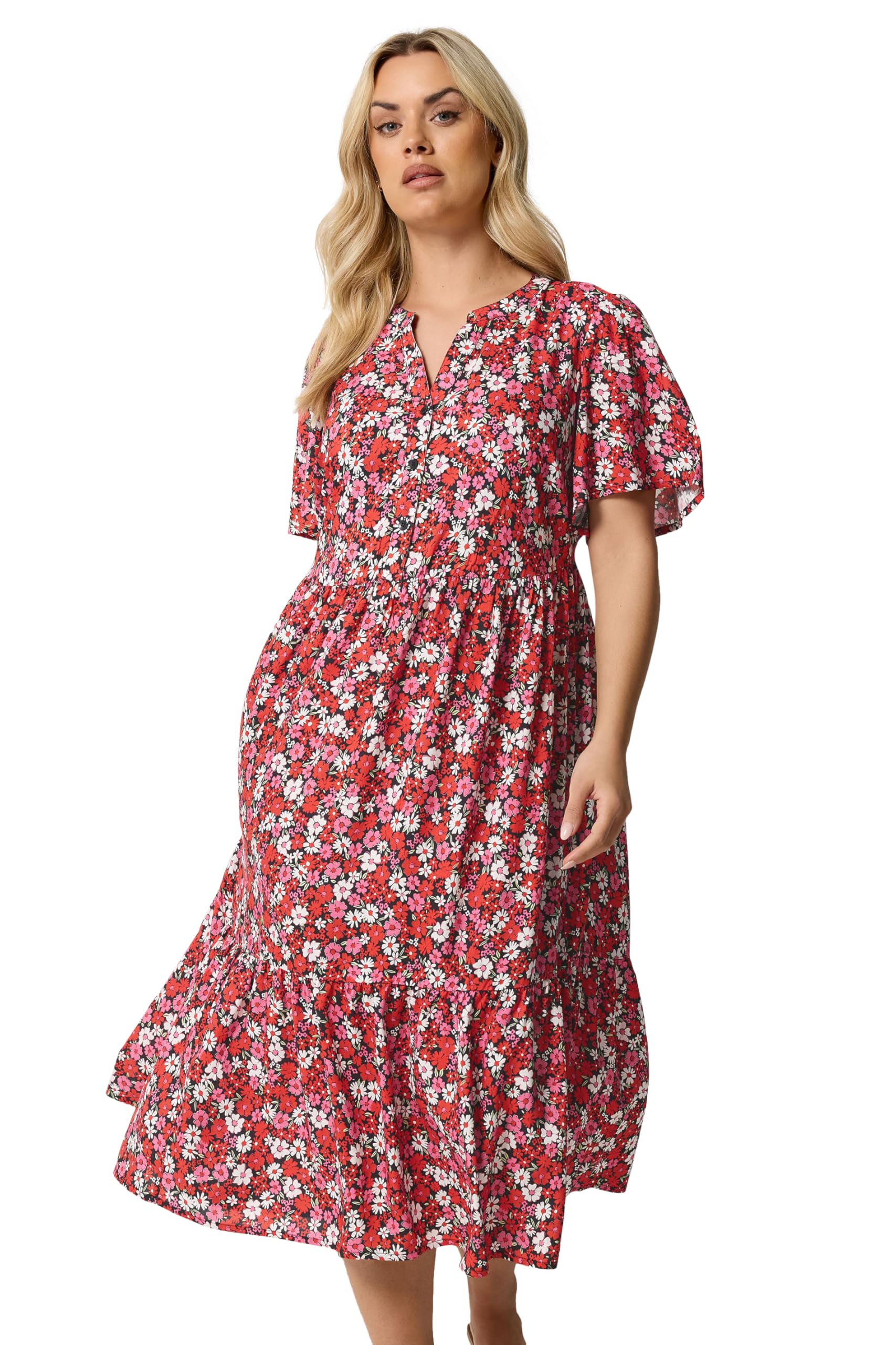 Yours Women's Red Floral Placket Dress In Size 26-28
