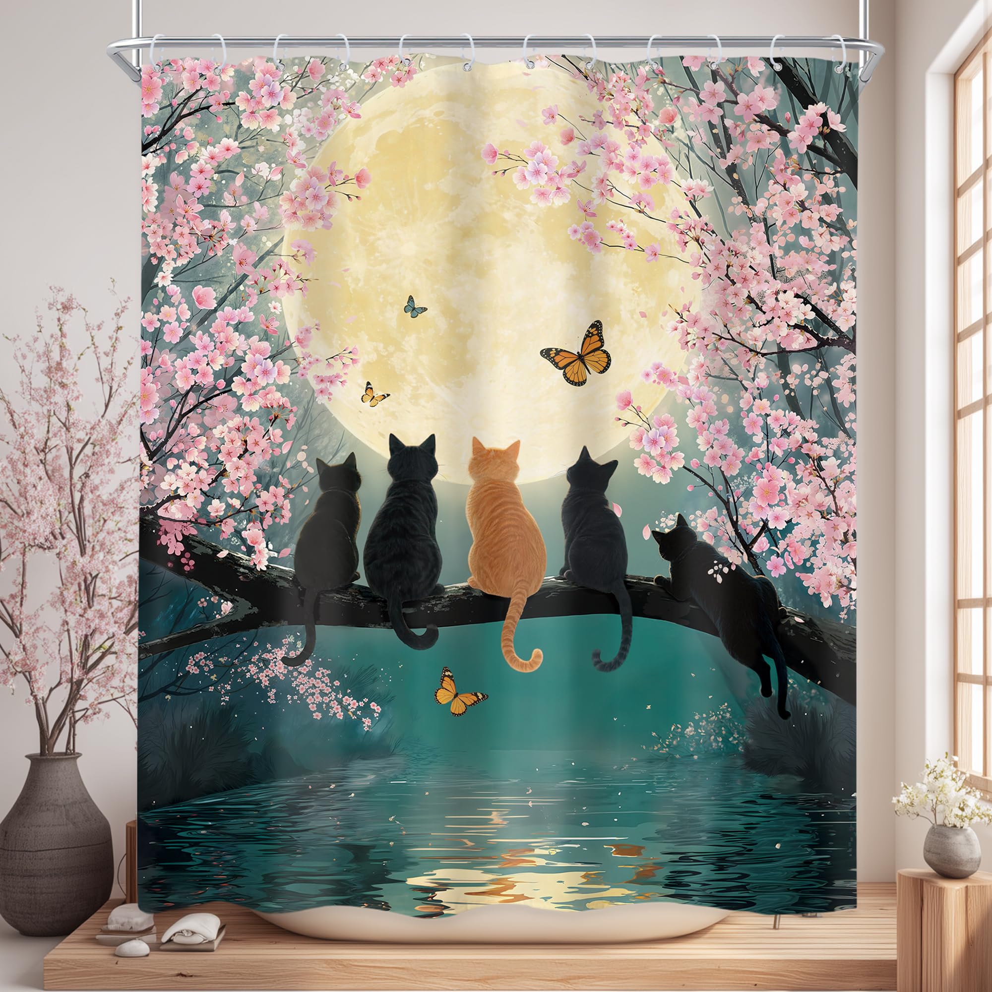 Watercolor Pink Floral Black Cat Cherry Blossom Bathroom Shower Curtain Set — image 1