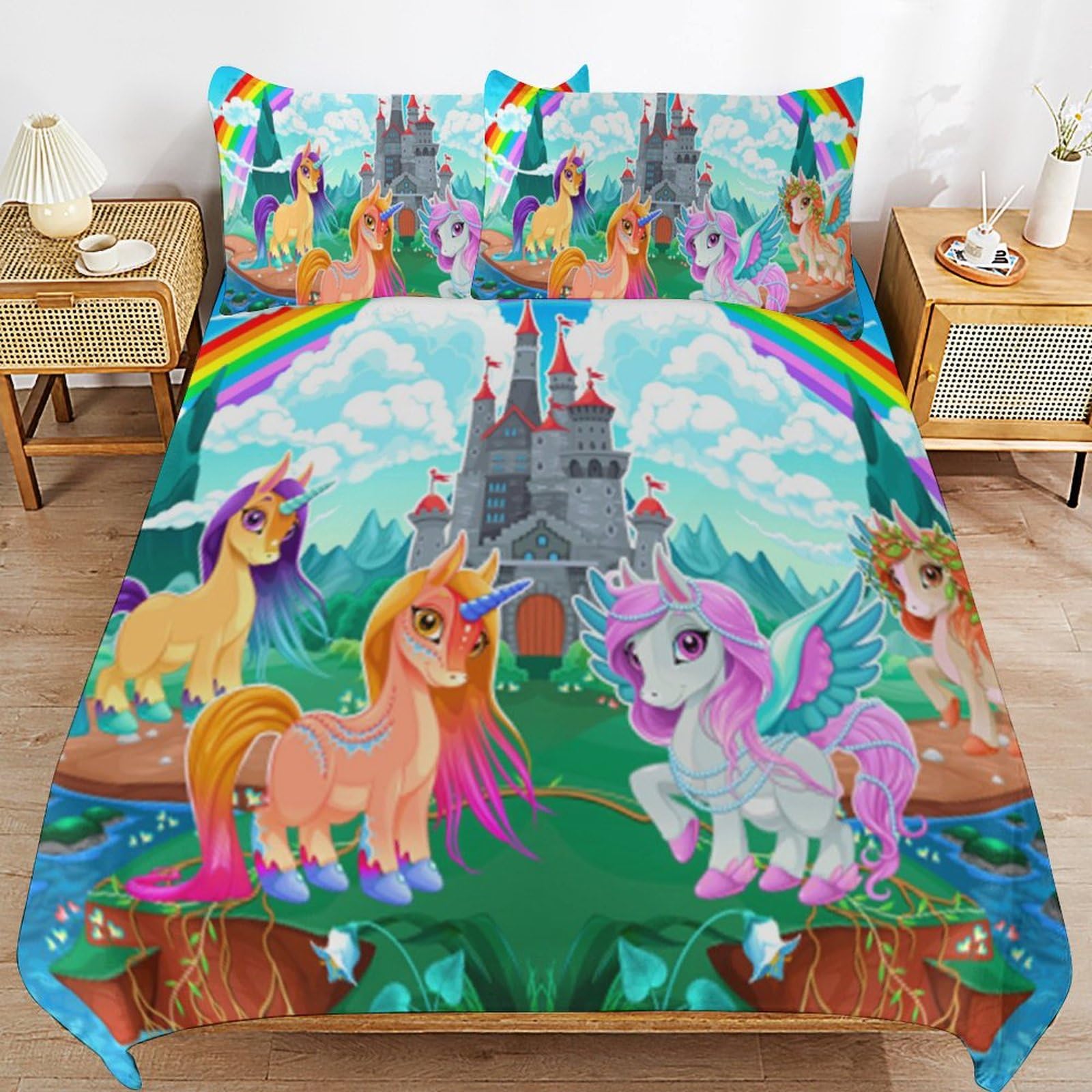 3 Piece Kids Duvet Cover Sets Cartoon Castle Rainbow Pattern Lightweight Soft Quilt Cover for Girls Teens Child Baby Soft Microfiber (1 Duvet Cover 90x102in + 2 Pillow Sham 20x30in)