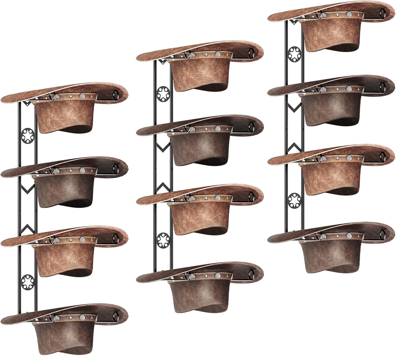 Cowboy Hat Organizer Hangers for Wall, Western Hat Rack Wall Mounted with Decorative Star, Metal Cowboy Hat Holder for Western, Cowboy, Beach, Fedora, Sun Hats (4 Pack)