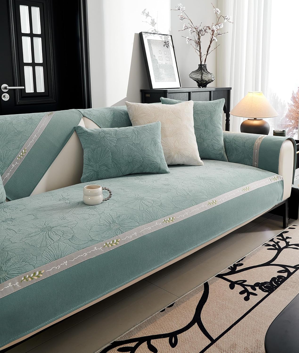 Luxury Floral Jacquard Chenille Sofa Cover Patchwork Embroidery Ribbon Soft Sectional Couch Cover Non-Slip Sofa Slipcovers Cushion Cover Furniture Protector for Living Room (Green,36"x94")