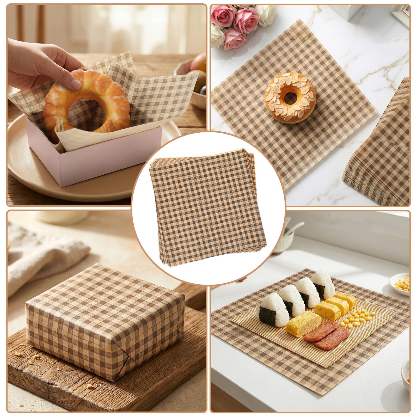 100 sztuk woskowanych arkuszy papieru delikatesowego, 18 cm x 18 cm kwadraty odporne na tłuszcz, w kratkę, do oklejania kanapek i burgerów, papier do pieczenia, arkuszy do pakowania delikatesów