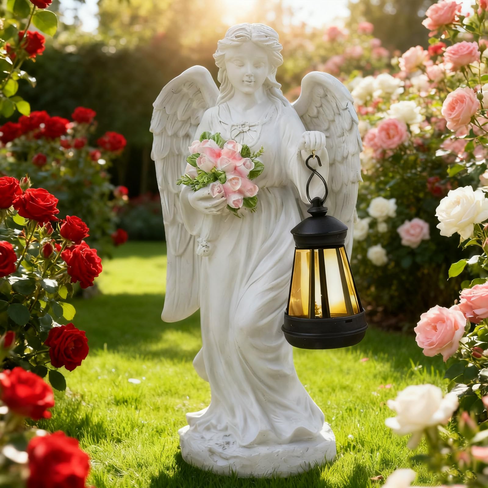 Statuetta di Angelo Sulla Tomba,Statue da Giardino a Forma di Angelo Custode,Figure da Giardino con Angeli Solari,Statue da Giardino Esterno,Decorazione per Esterni, Scultura