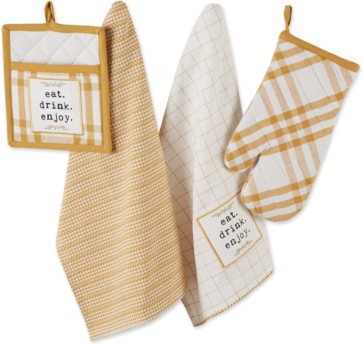 DII Home Sweet Farmhouse Kitchen Collection, Potholder/Oven Mitt/Dishtowel Set, Honey Gold, 4 Count