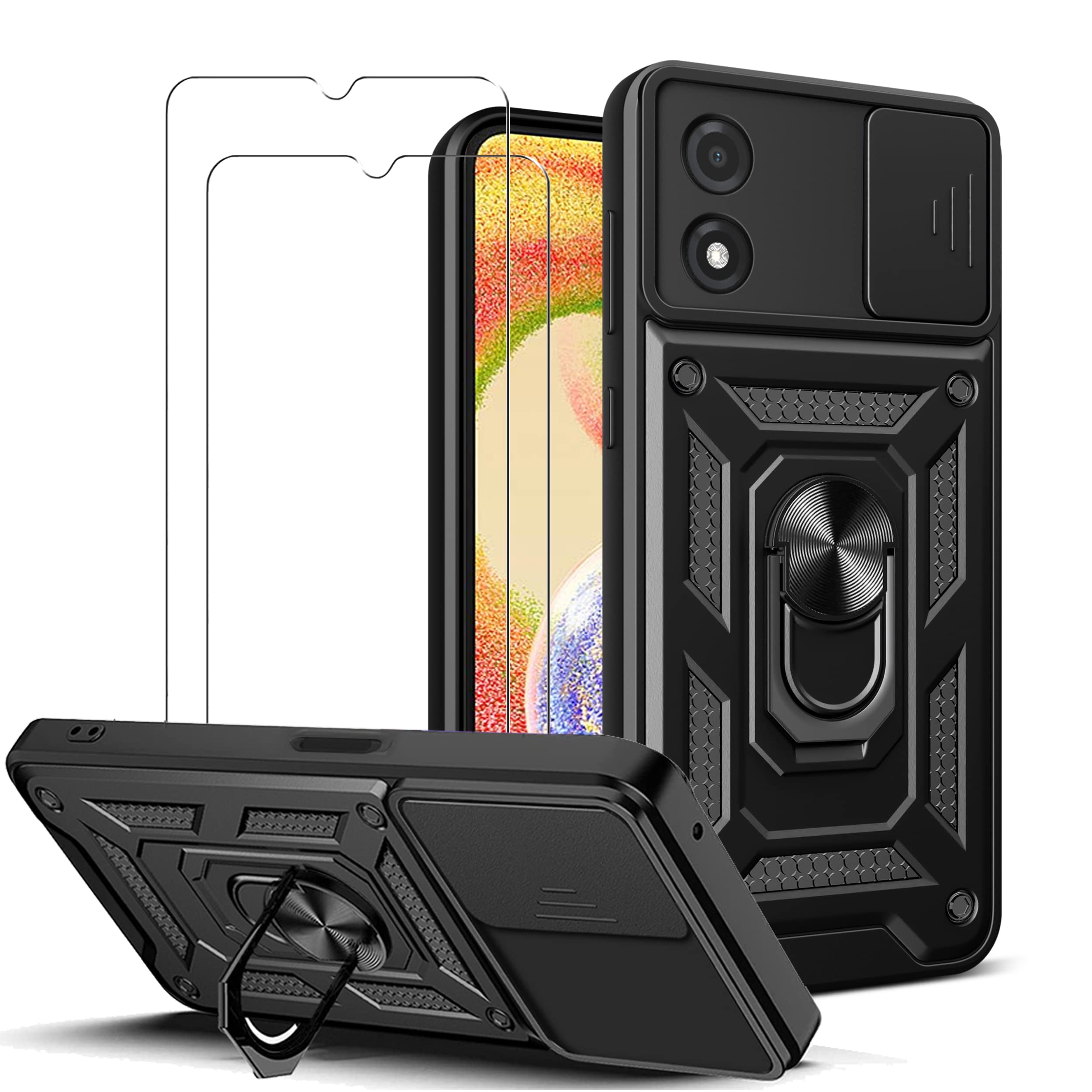 ZMONE Phone Case for Motorola Moto E13 Case with Glass Screen Protector, [2 Pack] Built Slide Camera Protection Cover,Military Heavy Duty Full Body Protective Phone Case - Black