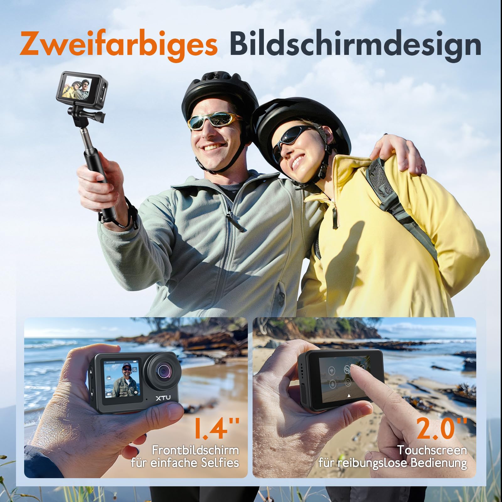 XTU S6 Action Cam 4K WiFi – Action Kamera mit 4K/30FPS, 20MP, EIS Bildstabilisierung, 170° Weitwinkel, Unterwasserkamera 40m, Touchscreen Actionkamera für Motorrad, Fahrrad & Outdoor