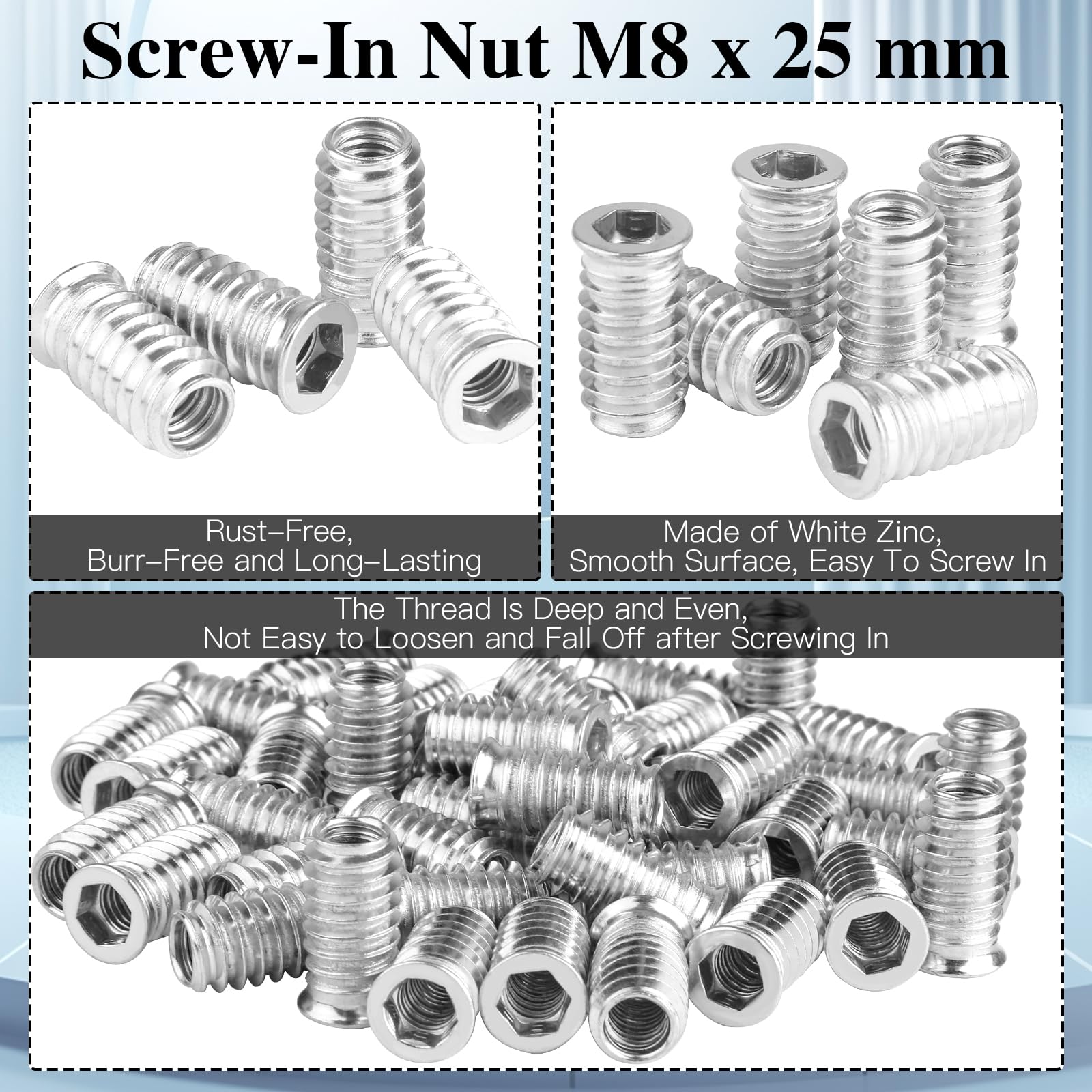 40 Pezzi Boccole Filettate per Legno M8 X 25mm, Esagono Incassato Inserto Inserti Filettati per Legno, Boccole Filettate Per Metallo In Acciaio Zincato Lega Di Zinco, Rivetti Filettati M8