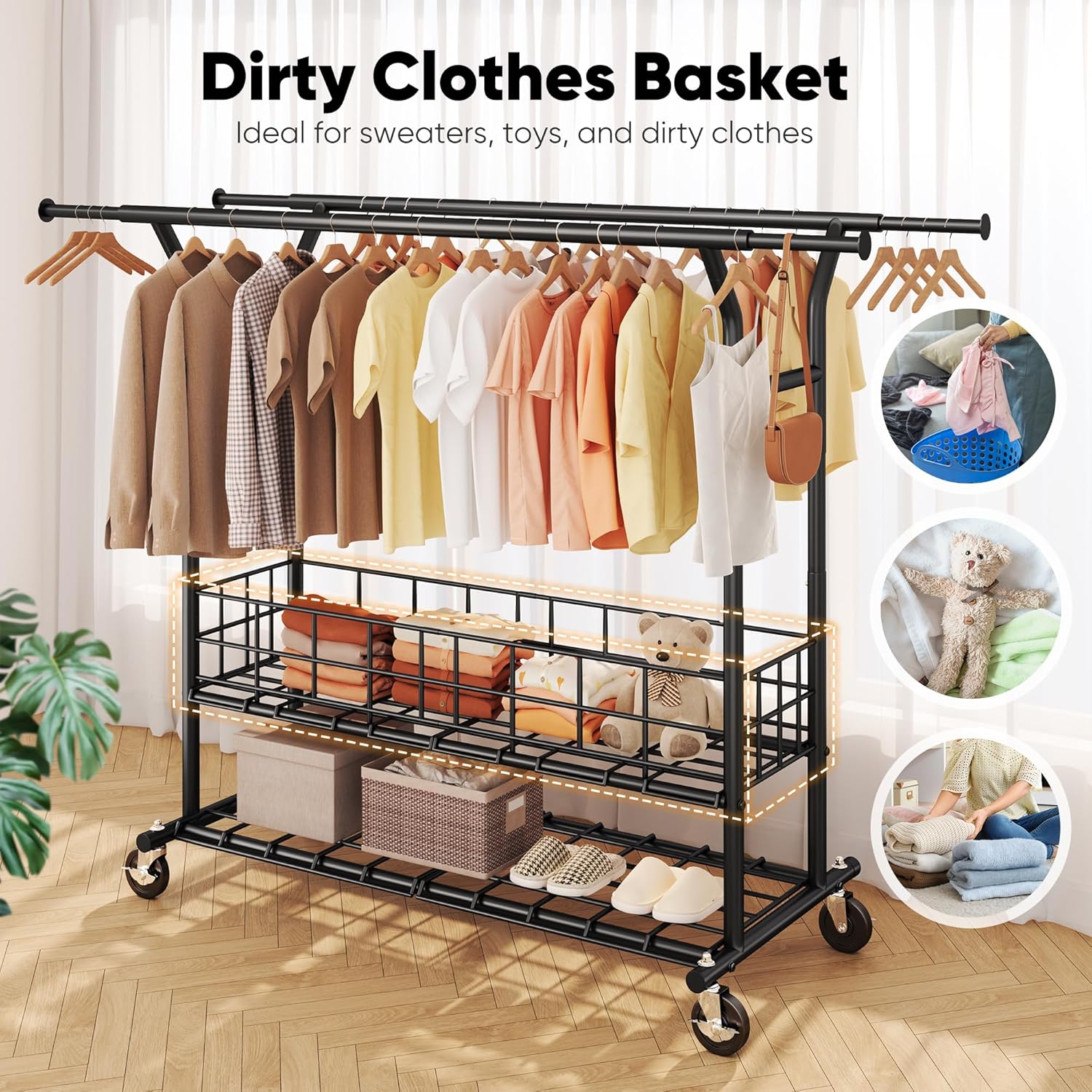 HOKEEPER Heavy Duty Clothes Rack Load 635 LBS, Clothing Rack for Hanging Clothes, Adjustable Black Double Rod with Metal Basket, Portable Rolling Garment Rack with Wheels for Bedroom, Laundry Room