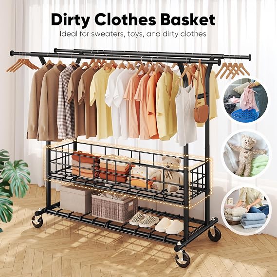 HOKEEPER Heavy Duty Clothes Rack Load 635 LBS Adjustable Double Rod Black