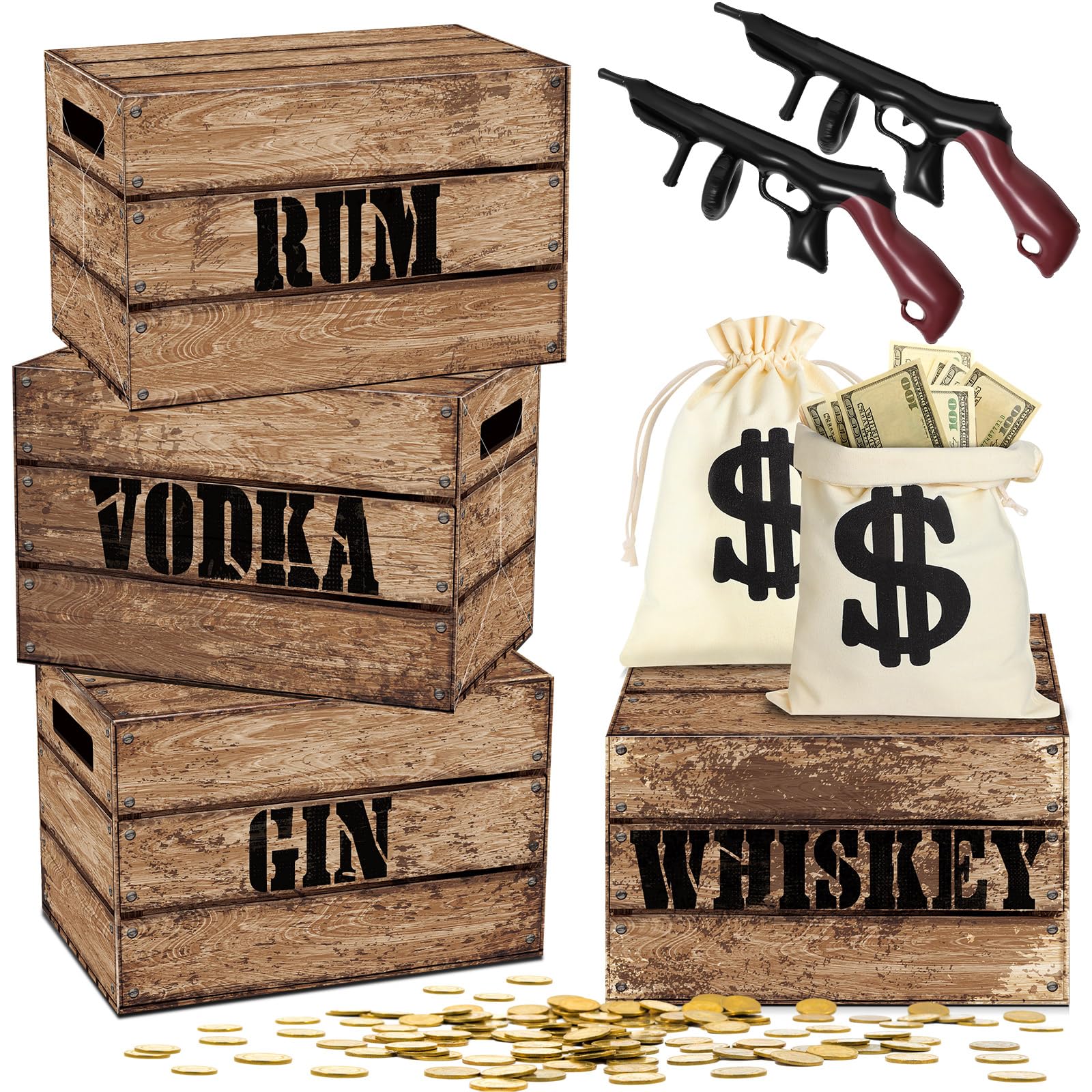 MiniInflat Money Bag Prop Set Include 2 Canvas Money Bag with Drawstring 2 Inflatable Gun Props 4 Pcs 15.7'' x 9.8'' Vintage Cardboard Box Mafia Pirate Theme Party Favors(Wood Grain)