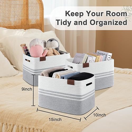 Miniatura 3 de Cesta de almacenamiento, cesta tejida para juguetes y toallas, cesta tejida rectangular de cuerda de algodón suave para almacenamiento, paquete de