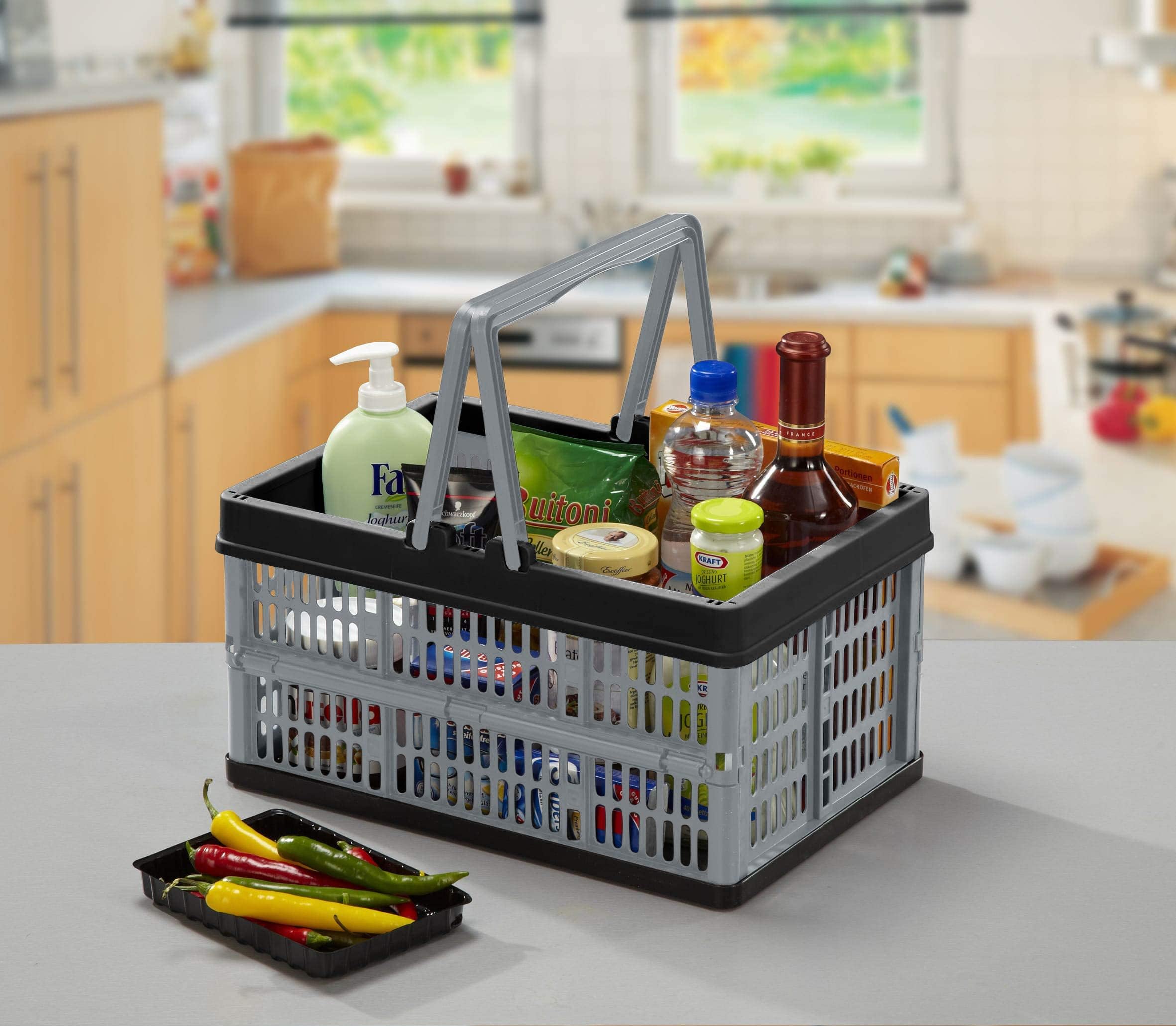 Caja de Plegable de Plástico,2 PCS Cesta Plegables Caja de Leche con Asas Cesta de Almacenamiento de Caja Barreño Cesta de la Compra para Dormitorio Oficina Hogar Cocina Baño Blanco y azul