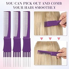 Leinuosen 3 Pack Carbon Lift Teasing Combs with Metal Prong, Hair Pick Comb for Women Hair Styling(Purple)