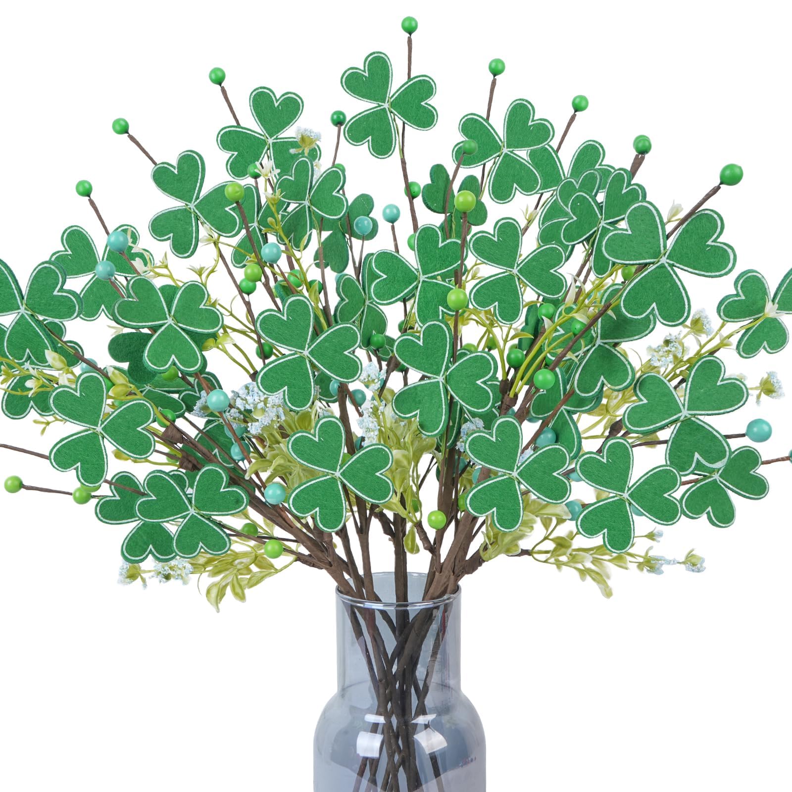 Photo 1 of 12Pcs Artificial St Patrick Day Flowers, Fake Shamrock Centerpiece Artificial St Patrick Picks with Fake Green Berry Stems for St Patrick's Day Decorations Home Party Table Centerpiece Irish Decor