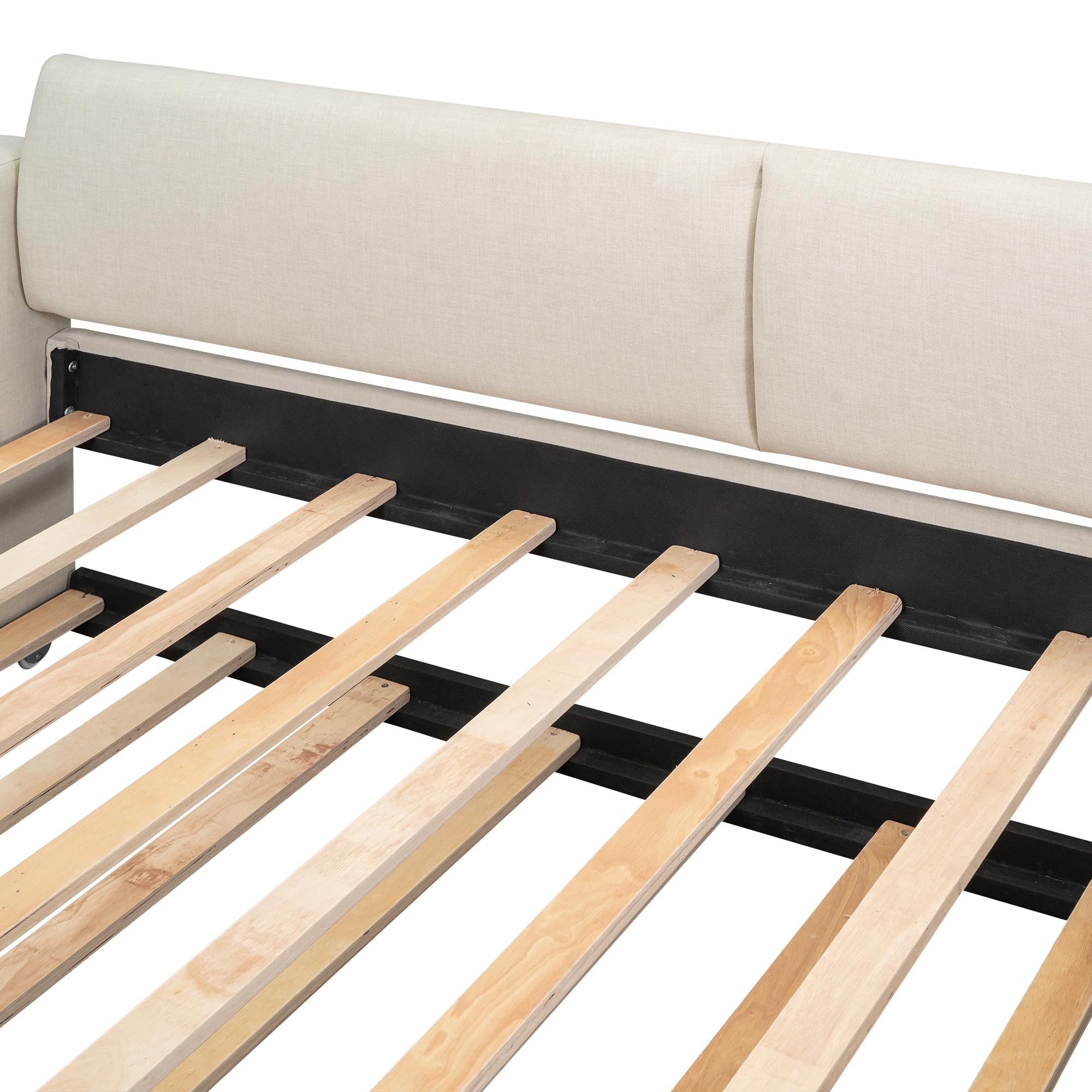 DEYOBED Twin Size Upholstery Daybed with Trundle, Daybed Sofa Bed Frame with Storage Arms & USB Charging Design for Living Room Bedroom, Beige