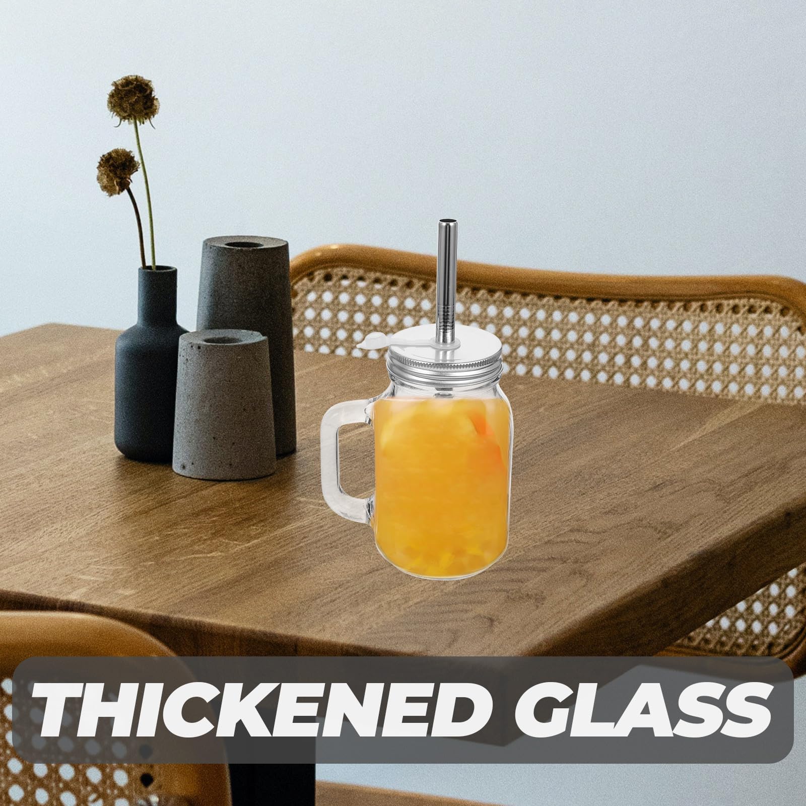 Wiederverwendbare Glasflasche 650ml 2 Stück aus Edelstahl für Getränke | Saft, Milch, Joghurt und Mehr, Flacher Boden, Trinkbecher mit Strohhalm, Transparentes Design
