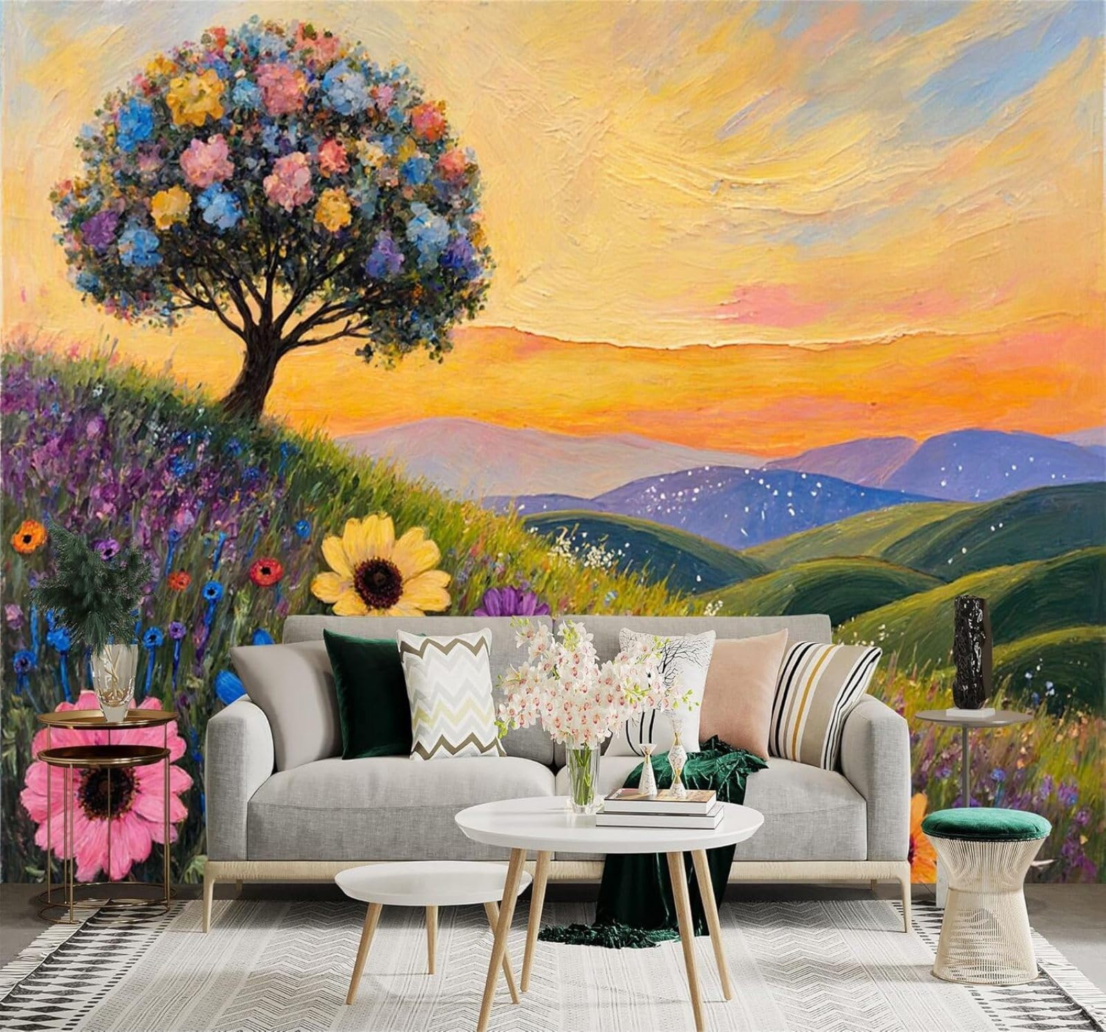 Xlming 350Cm×256Cm(B×H) Sunset Colourful Trees Wildflowers Grasslands Rolling Hills 3D Wallpaper Silky Texture Home Study Office Grey Dining Room Sofa Bedroom Living Room Tv Backdrop-350Cm×256Cm