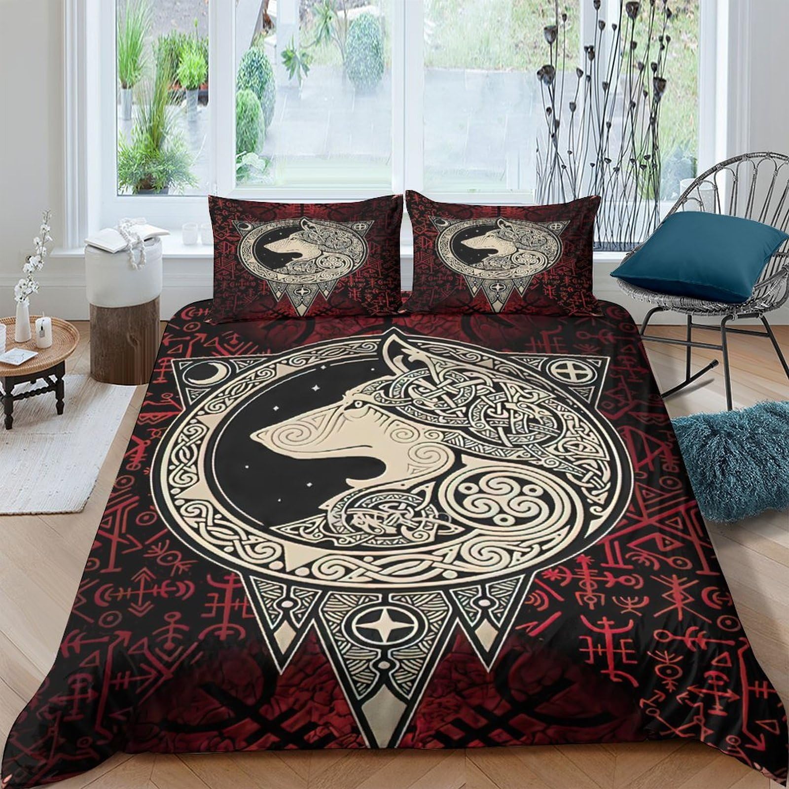 Ctjqhvkz Style-2 3D Printed Wolf Mandala Fitted Sheet Microfiber Soft Red Black Tribal Pattern Bed Cover For Bedroom Dorm Easy Care Single（135X200cm）