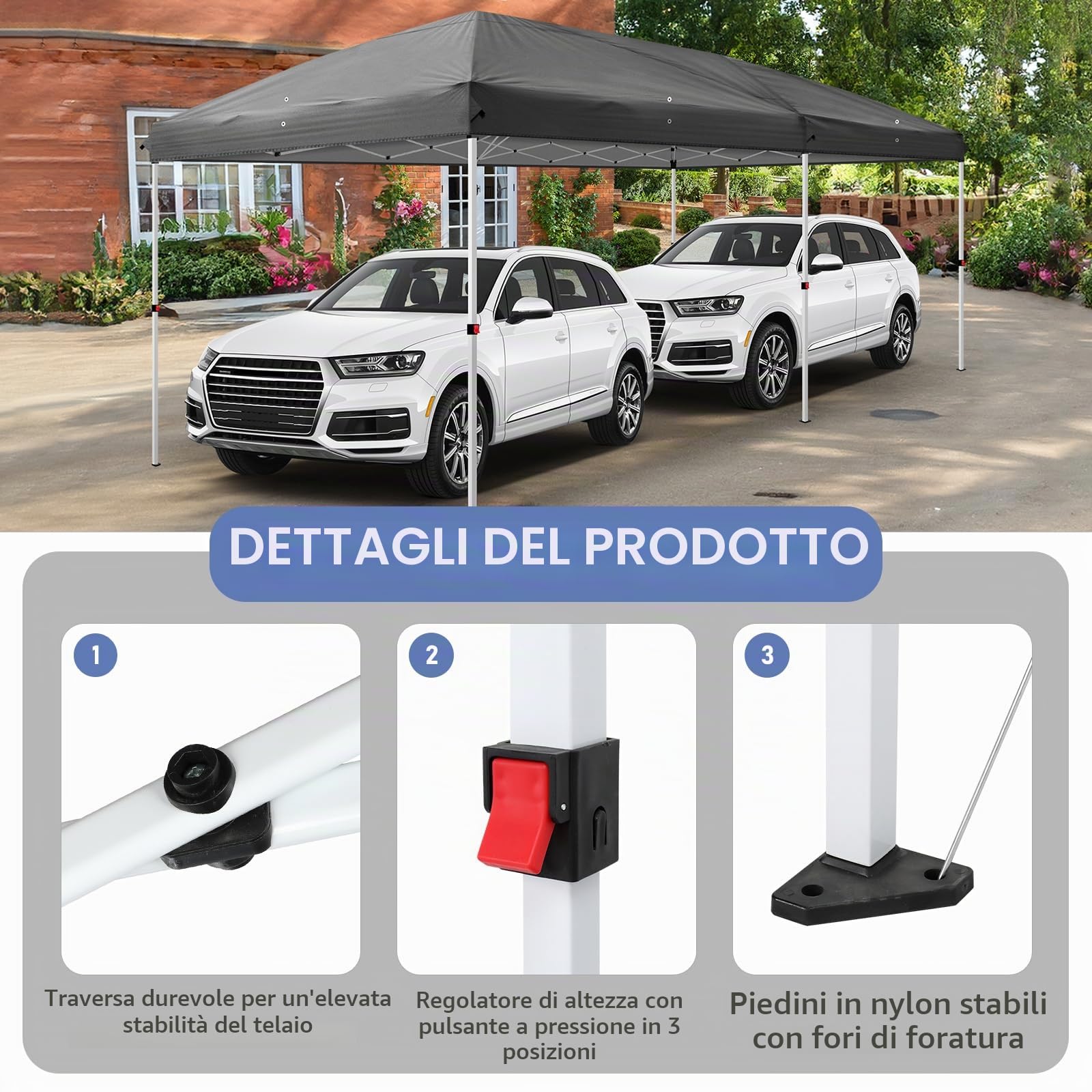 LEADZM Gazebo pieghevole, 3 x 6 m, impermeabile, protezione UV 50+, regolabile in altezza con 6 zanzariere, stabile, ideale per giardino, terrazza, campeggio e uso commerciale, antracite