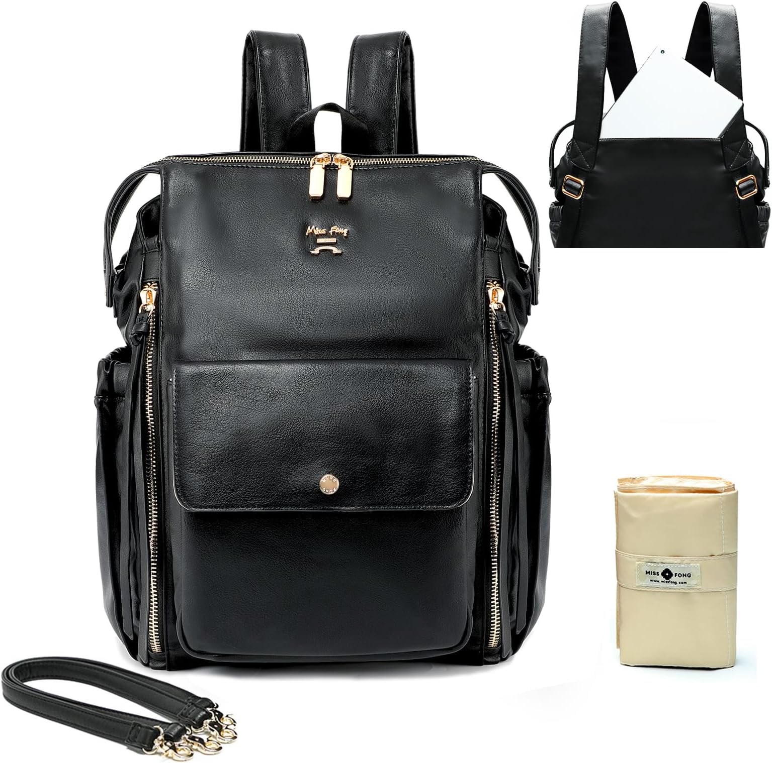 Leather Diaper Backpack - Baby Diaper Bag with 13 Pockets, Changing Pad, Stroller Straps, 4 Insulated Pockets (Black)