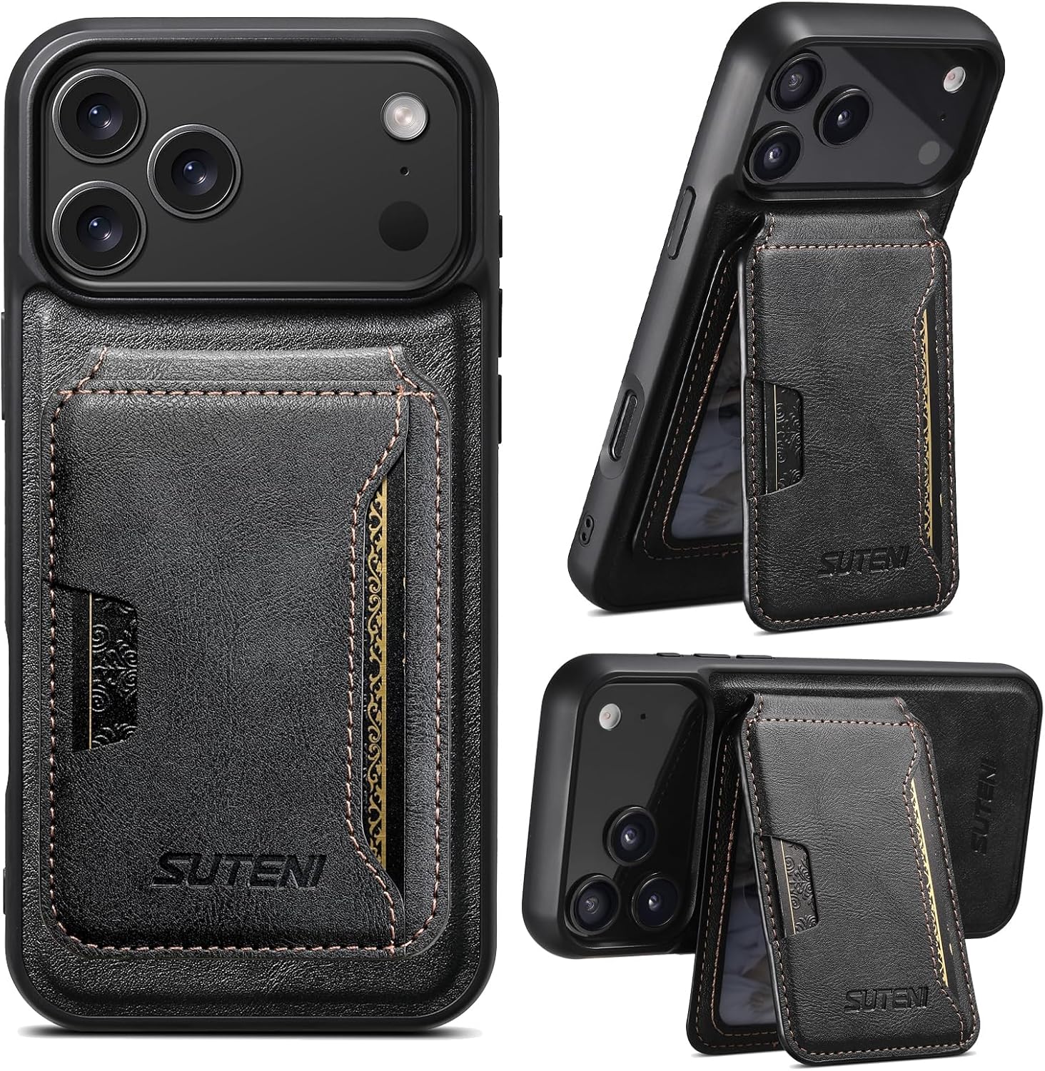 Compatible with MagSafe iPhone 17 Pro Case Wallet, 2 in 1 Leather Magnetic Detachable Credit Card Holder Flip Cover Kickstand Shockproof for Men Women Military Protection phone17pro cover,Black