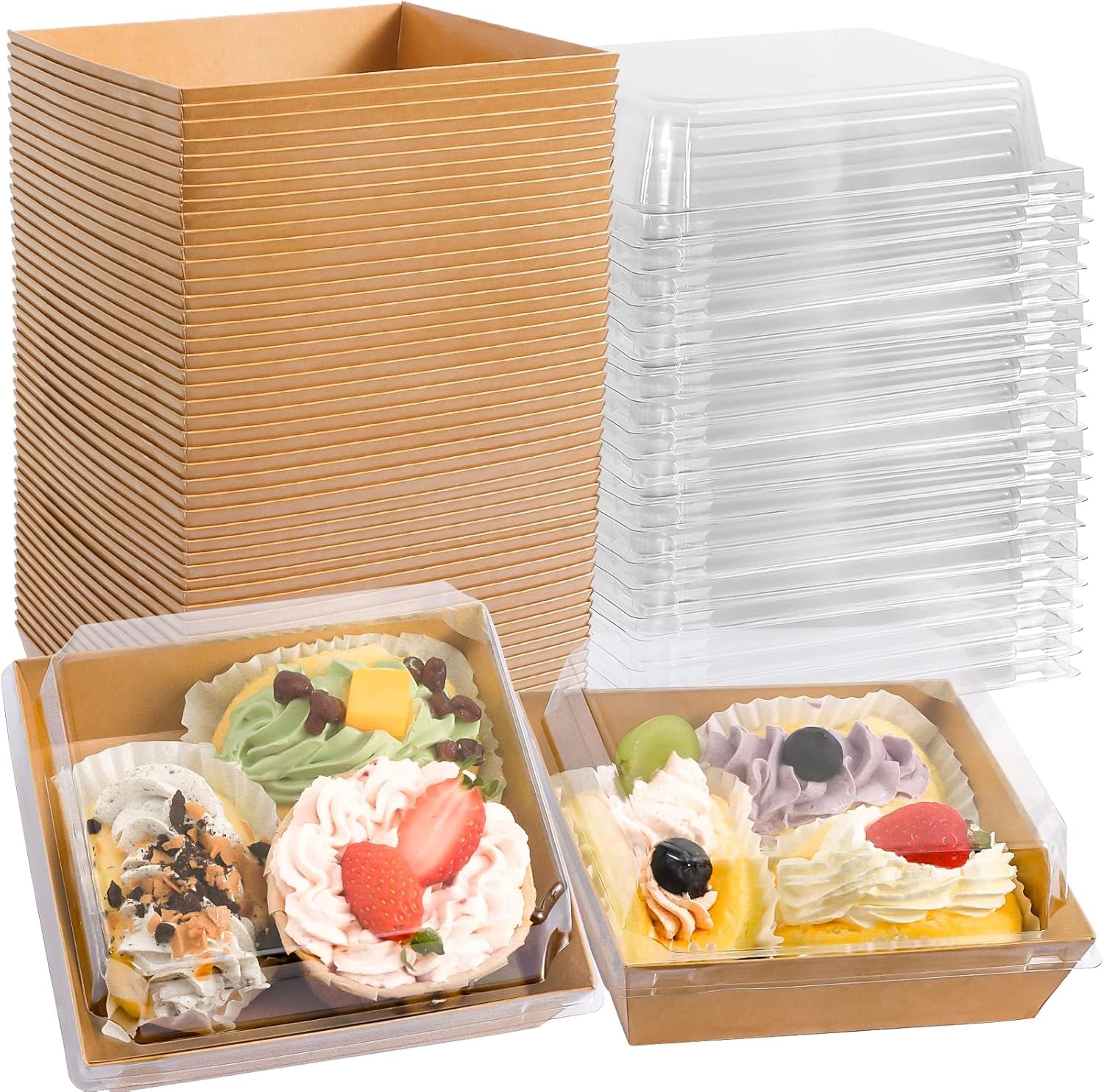 Preocea Brown 50Pack Charcuterie Boxes With Clear Lids,Square Paper Charcuterie Box, Food Containers Bakery Boxes,5Inch Oil-Proof Dessert Boxes For Sandwich Sushi Cake Slice Strawberries (Brown)