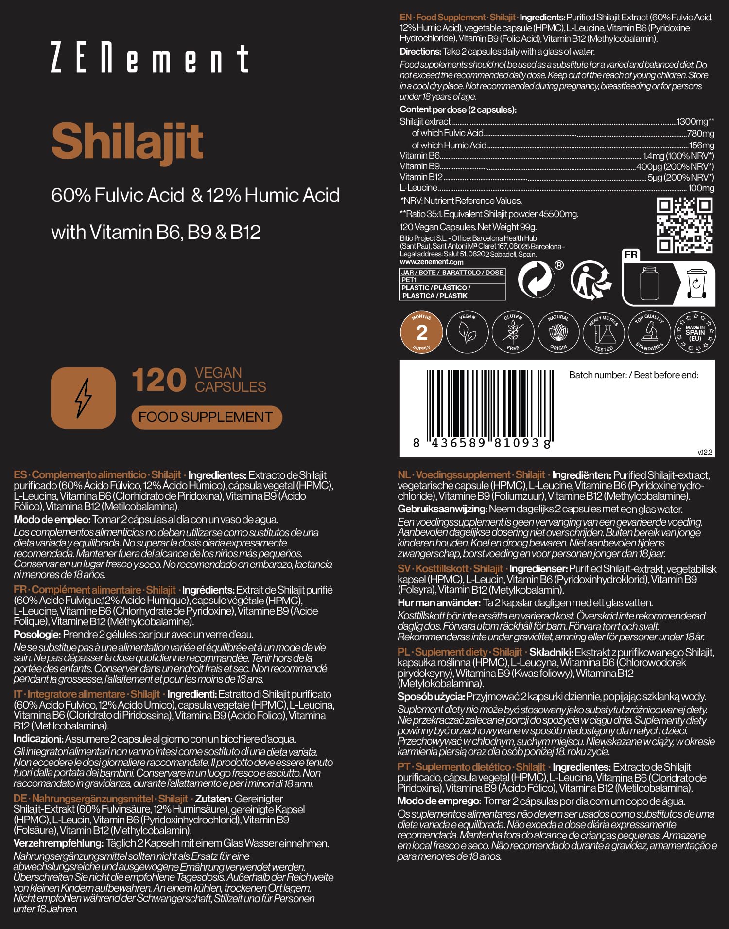 Reines Shilajit aus dem Himalaya 1300 mg (entspricht 45000 mg Pulver) pro Tagesdosis – 60 % Fulvinsäure, 12 % Huminsäure – mit Vitamin B6, B9 und B12 – 120 vegane Kapseln, 2 Monate – Zenement