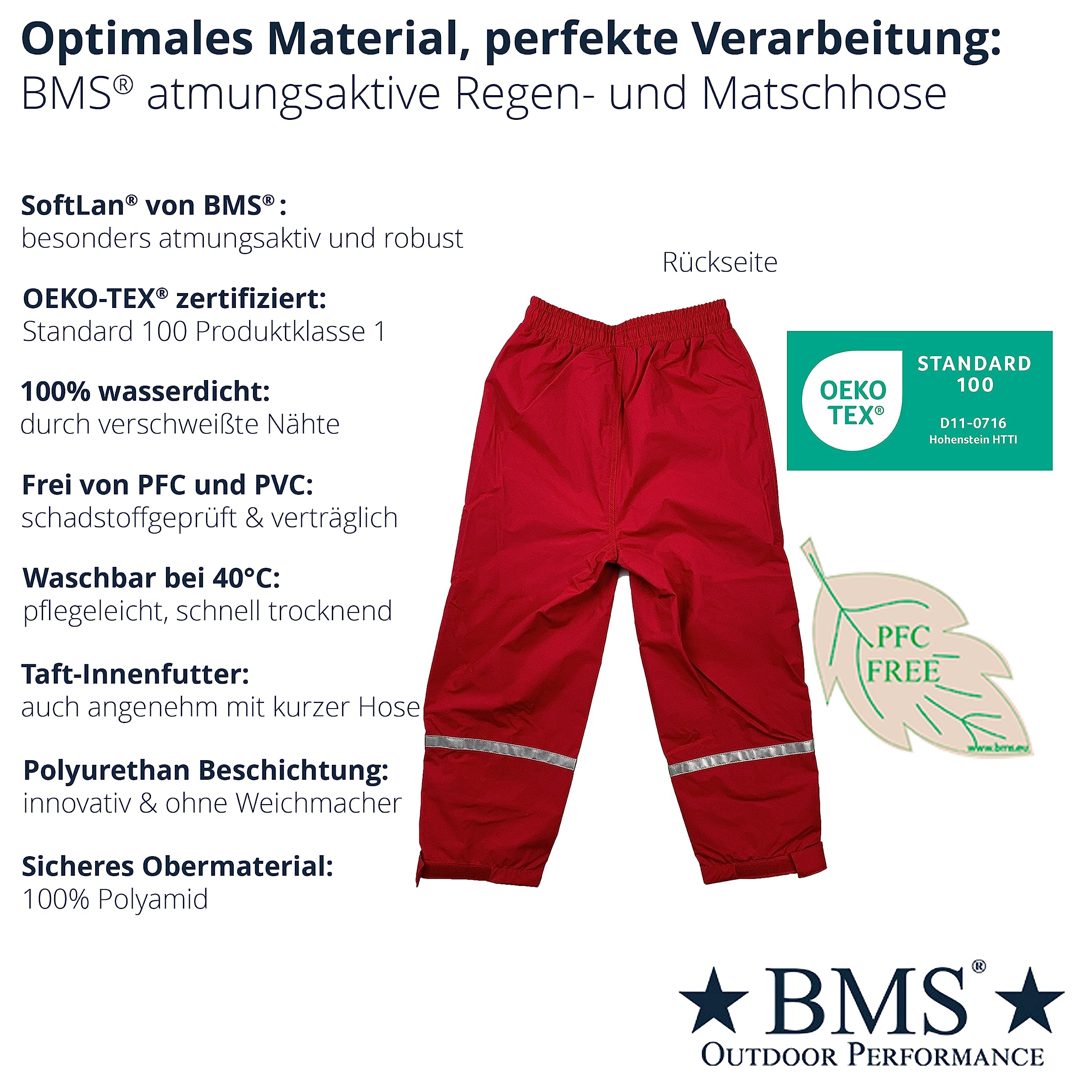 BMS - Pantalones de Lluvia Transpirables Impermeables para niños Rojo 9 años