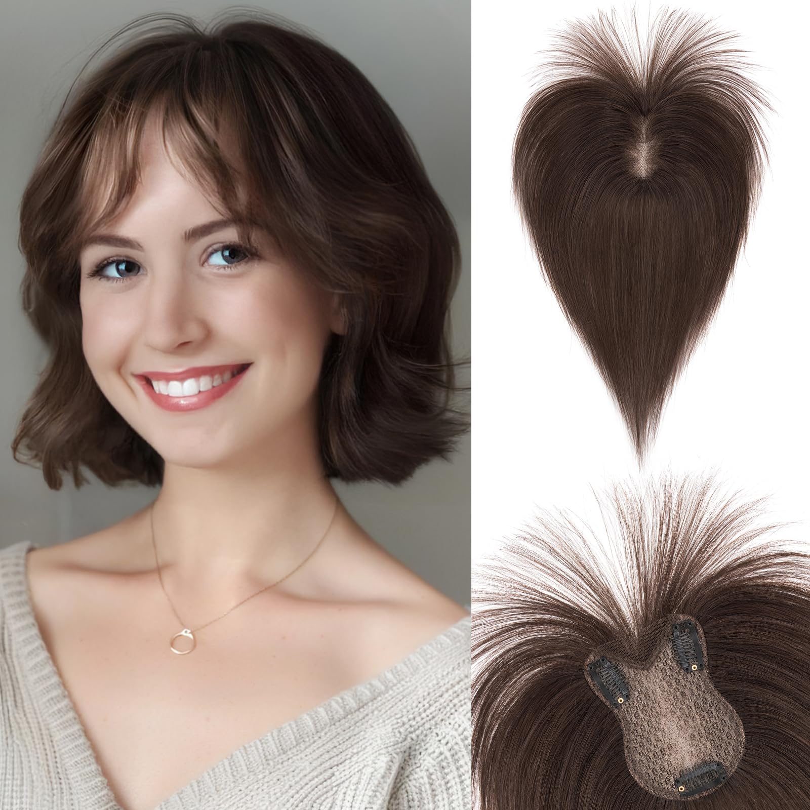SEGOHAIR Hair Toppers for Women Human Hair Double-Layer Hand-stitched 360°3D Coverage Clip in Fringe Natural for Thinning Hair Add Volume 11inch Dark Brown,21g