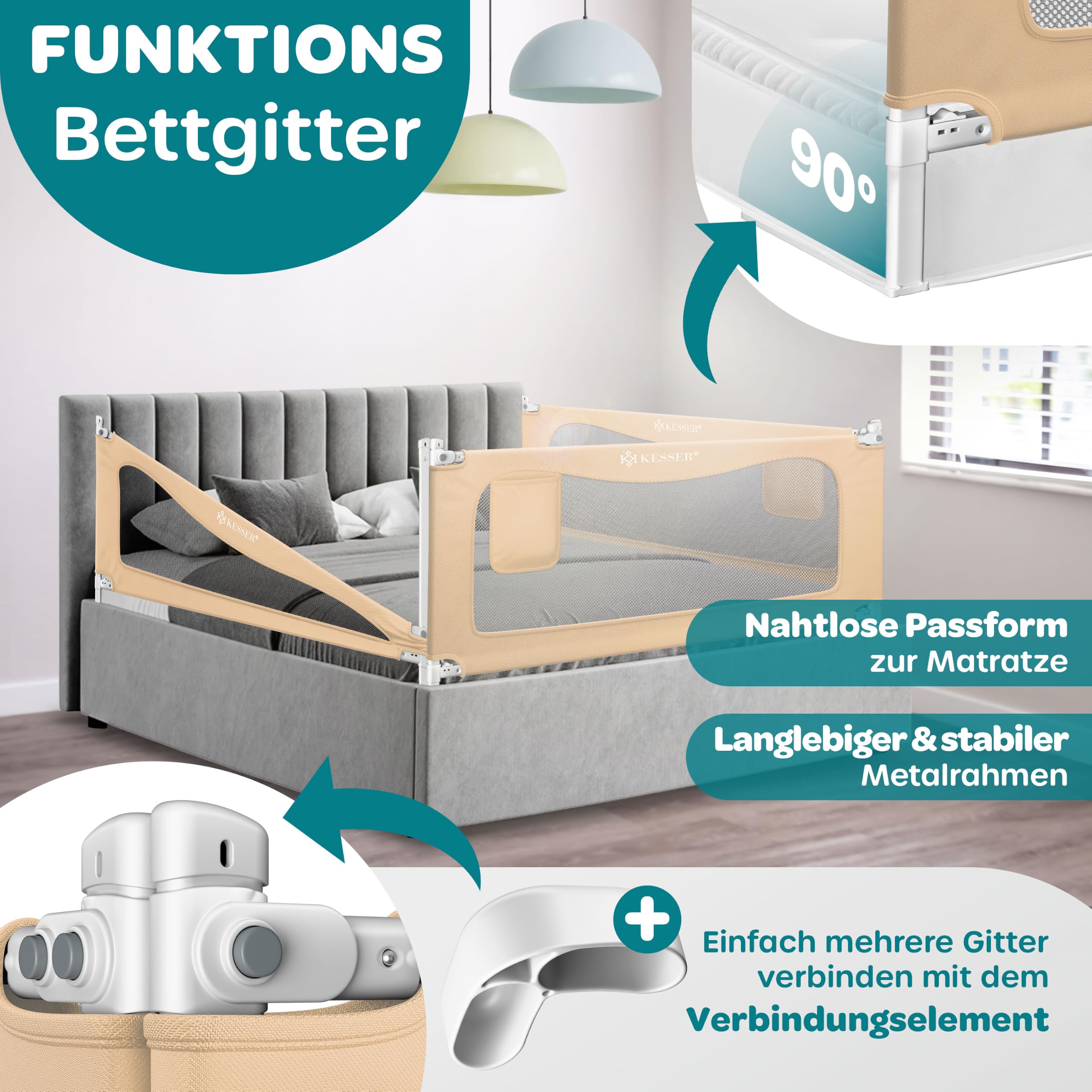 KESSER® Bettschutzgitter 180 cm, Bettgitter Kinderbett höhenverstellbar | Rausfallschutz Bett für Baby & Kleinkind mit Kindersicherung, vertikal absenkbar, leicht montierbar, waschbar, Beige