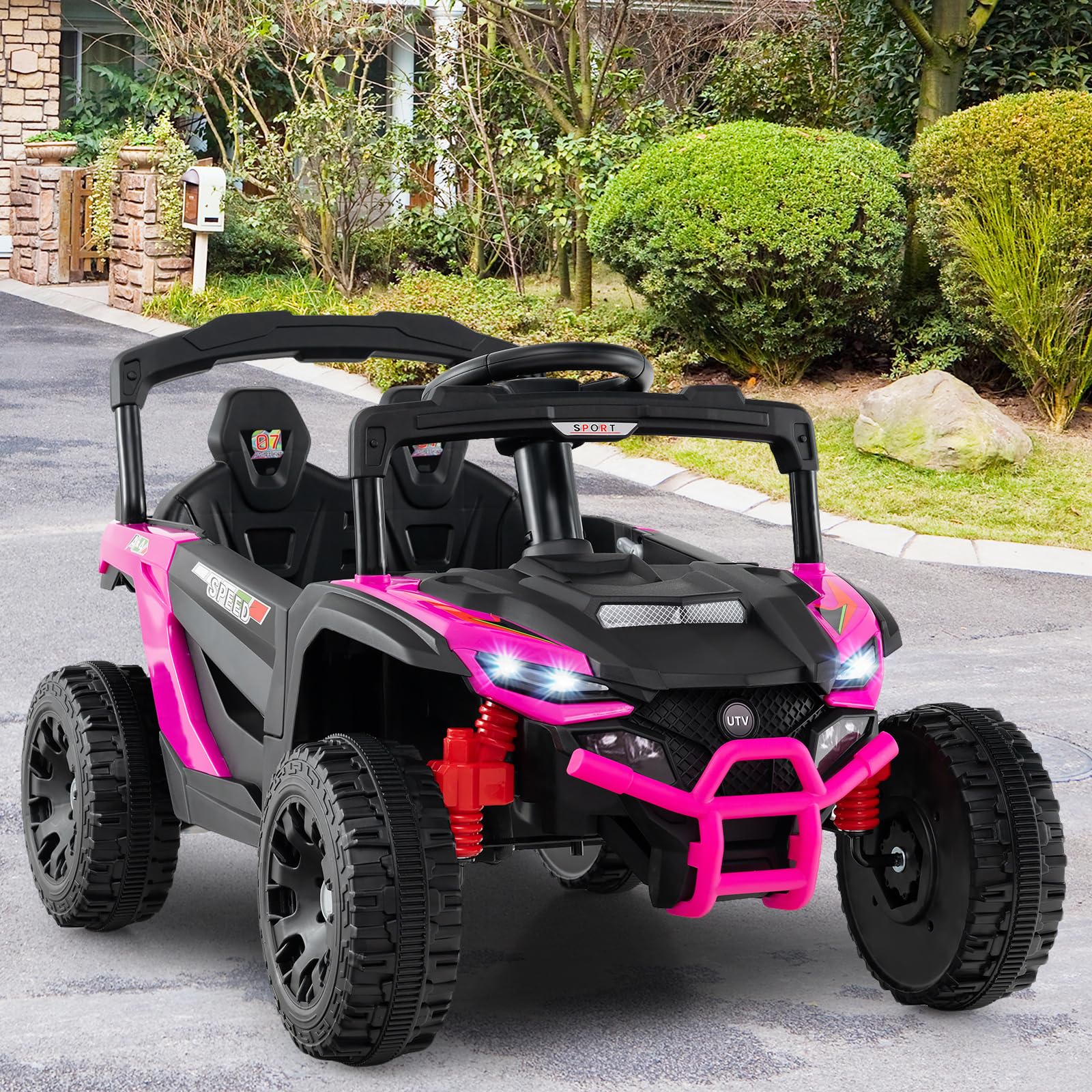 COSTWAY 12V Macchina Elettrcia per Bambini, UTV Auto Elettrica con Telecomando, 3 Velocità, Luci LED, Musica, Clacson e Sospensioni a Molla, 3-5 km/h, Ideale per Bambini 3 Anni+ (Rosa)