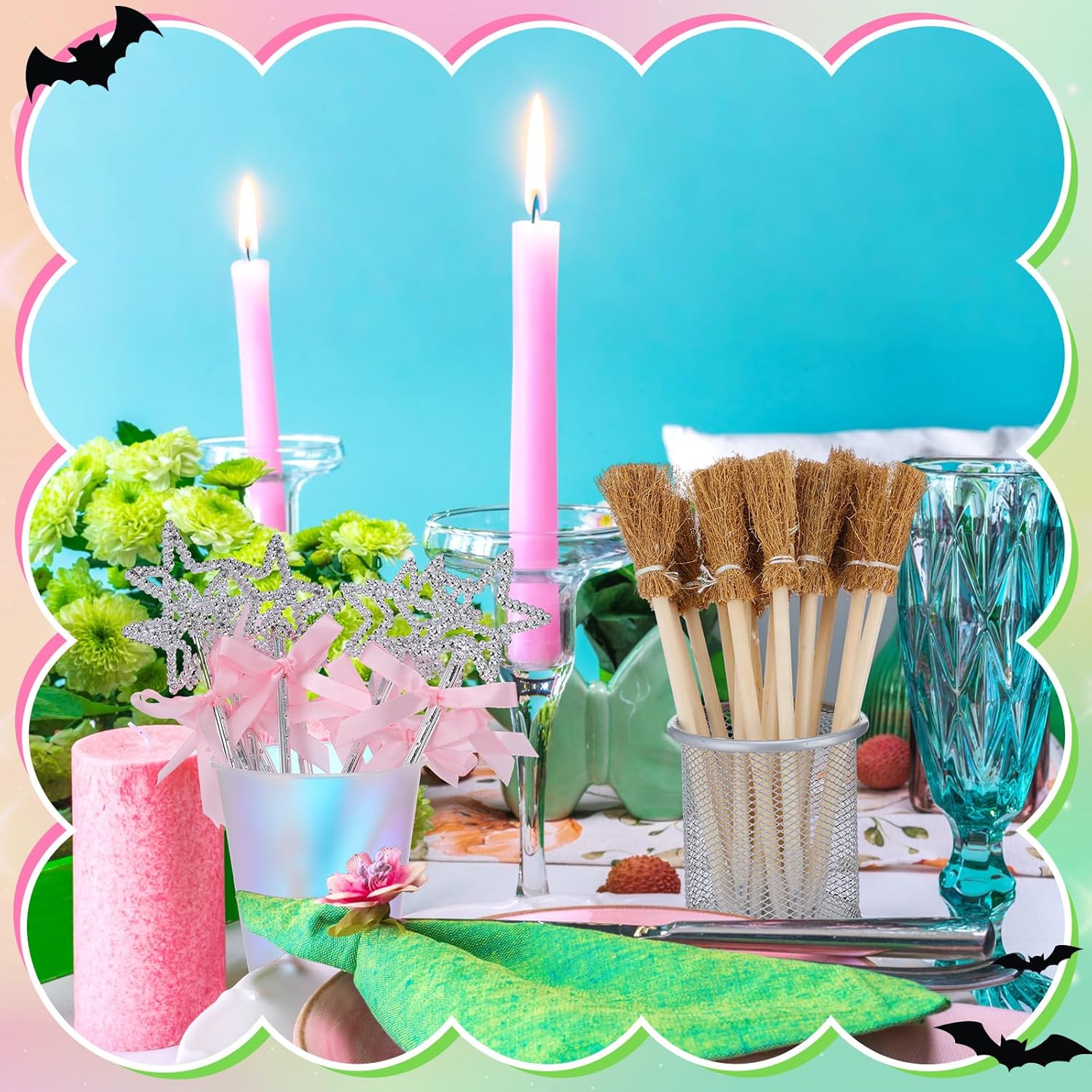 48 Pcs Witch and Princess Party Favors 24 Pieces Wizard Party Broom Pencils and 24 Pieces Mini Sequin Star Wands for Witch Pink and Green Princess Birthday Party Supplies Decorations Gifts