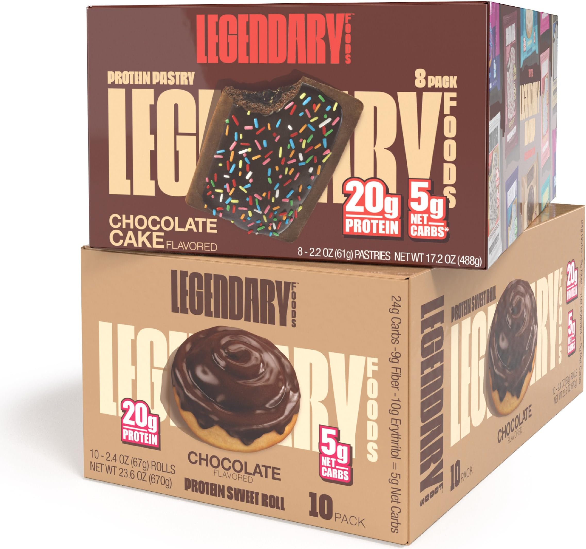 Legendary Foods High Protein Snack 18-Pack Chocolate Bonanza Bundle - Protein Pastry Chocolate Cake and Chocolate Sweet Rolls | Low Carb Gluten Free Healthy Snacks | Low Sugar Keto Snack