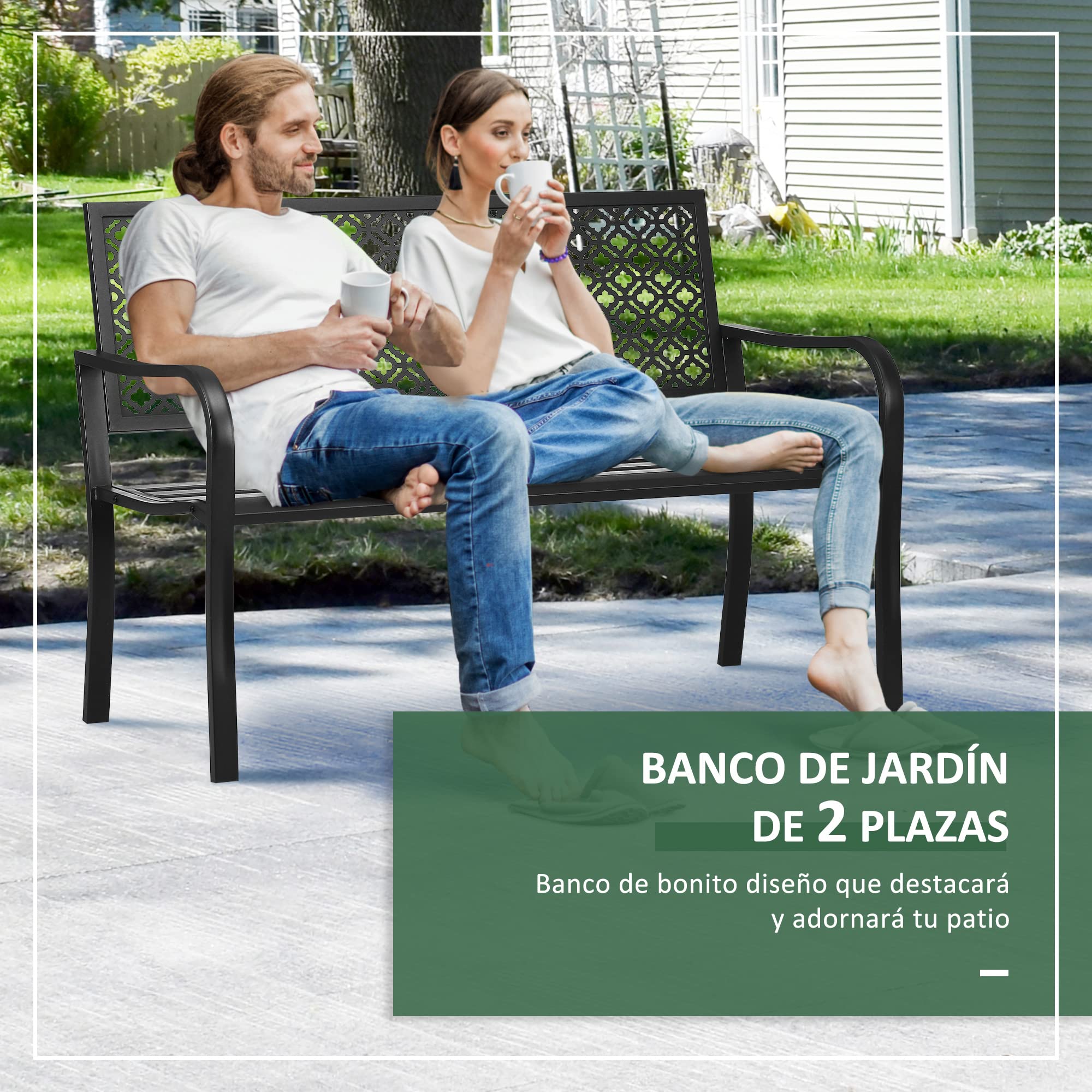 Outsunny Banco de Jardín de Acero Banco Exterior 127x63x83 cm Negro | 2 Plazas, Respaldo Decorativo Estampado, Terraza Balcón Patio, Carga 240 kg