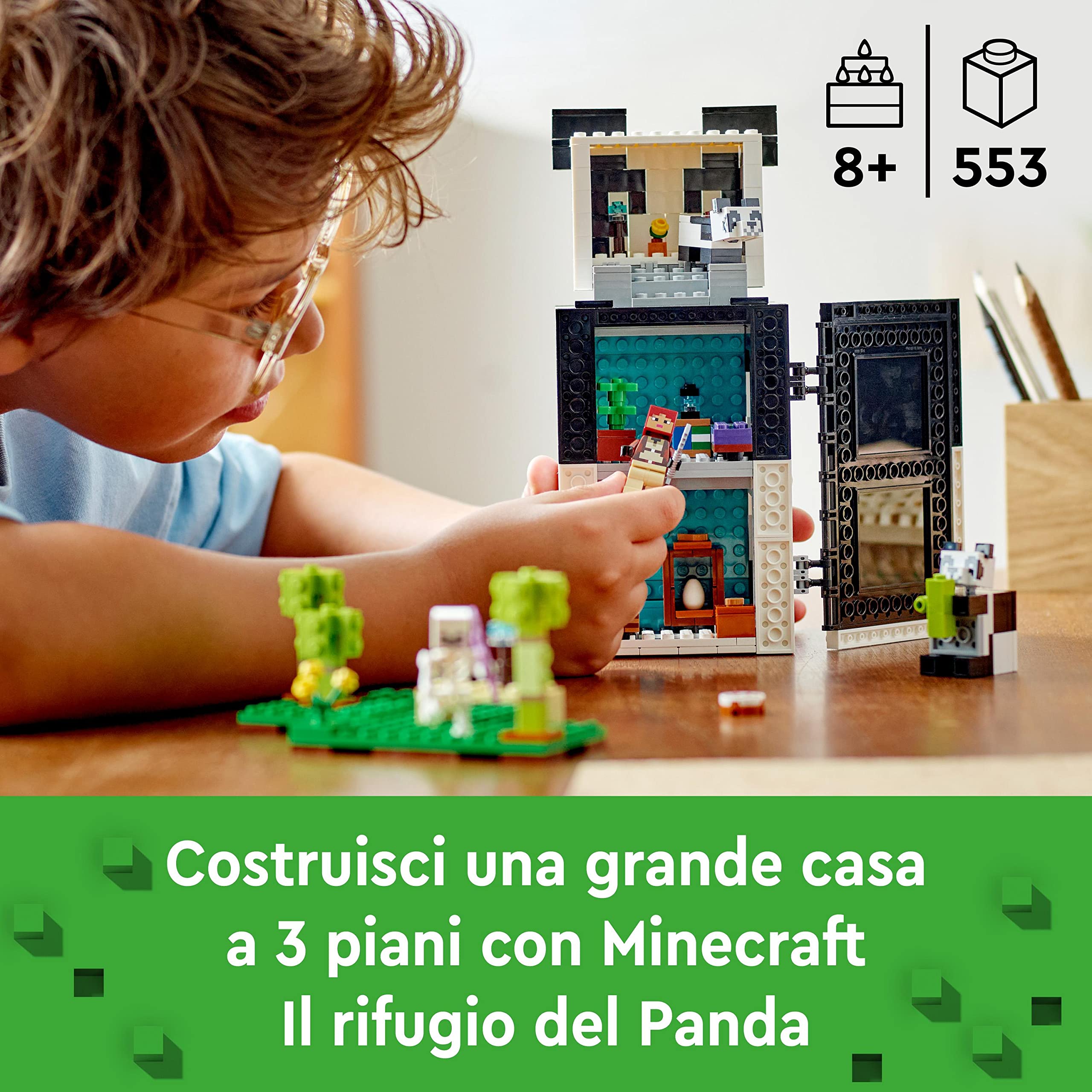 LEGO Minecraft Il Rifugio del Panda, Modellino da Costruire di Casa Giocattolo con Personaggi e Animali, Giochi per Bambini, Ragazzi e Ragazze, Idea Regalo 21245
