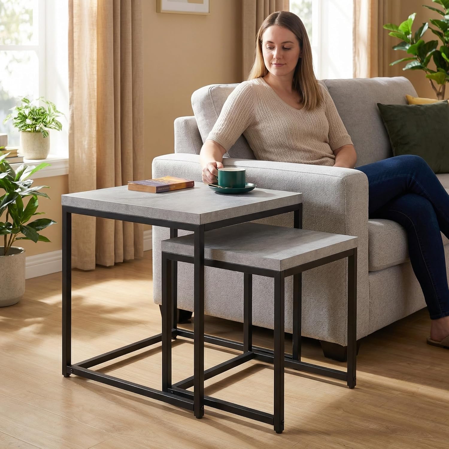 CENSI Nesting End Tables Set of 2, 20" Industrial Concrete Grey Side Table, Square Stacking Coffee Table with Thick Faux Stone Top, Modern Metal Nightstand for Living Room, Small Space, Bedroom