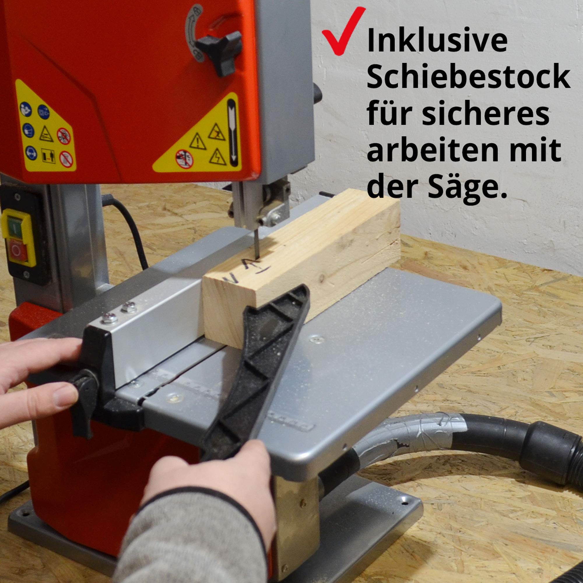 HECHT Bandsäge – 250 Watt Power für Hobby und Profi Arbeiten mit Holz und Metall – max. Schnitthöhe 85 mm, Schnittbreite 195 mm – 1400 mm Band – Führungsschiene/Parallelanschlag