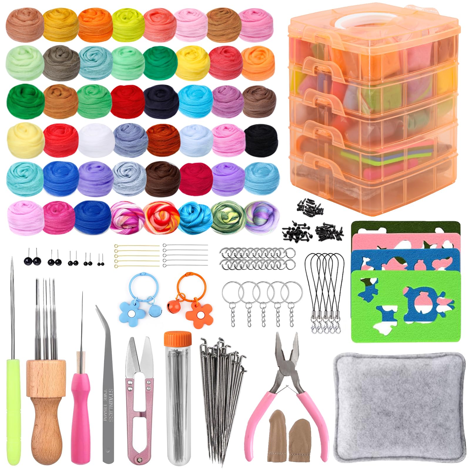 WenYa 200+Pcs Needle Felting Starter Kits, 48 Colours Needle Felting Wool and Needle Felting Pad, Included Needle Felting Tools and Storage Box, Wool Needle Felting Kits for Beginners DIY Craft Gifts