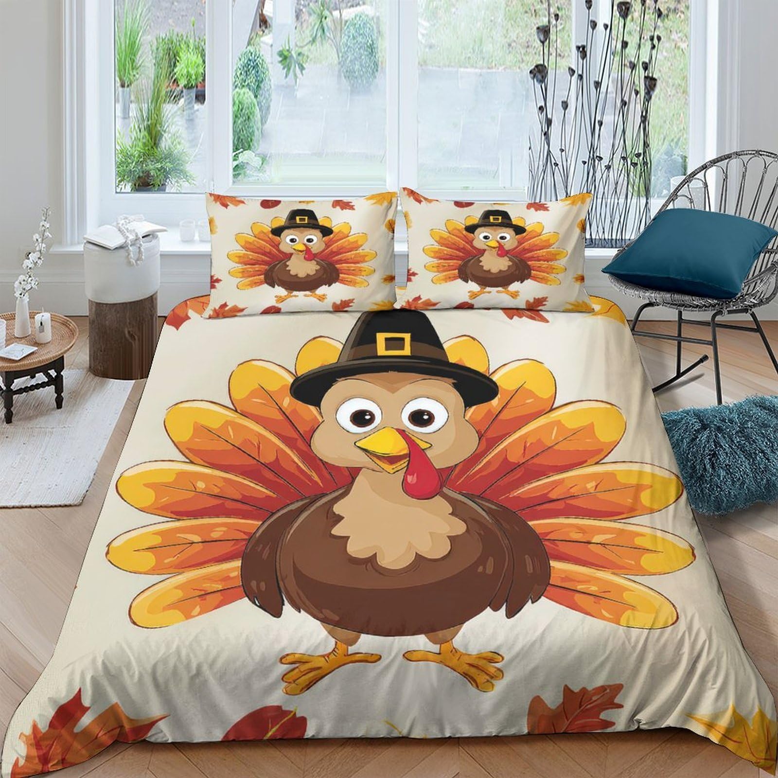 Ctjqhvkz Style-4 3D Printed Cartoon Turkey Fitted Sheet Microfiber Soft Autumn Leaves Bed Cover For Bedroom Dorm Mattress Protection Decor Single（135X200cm）