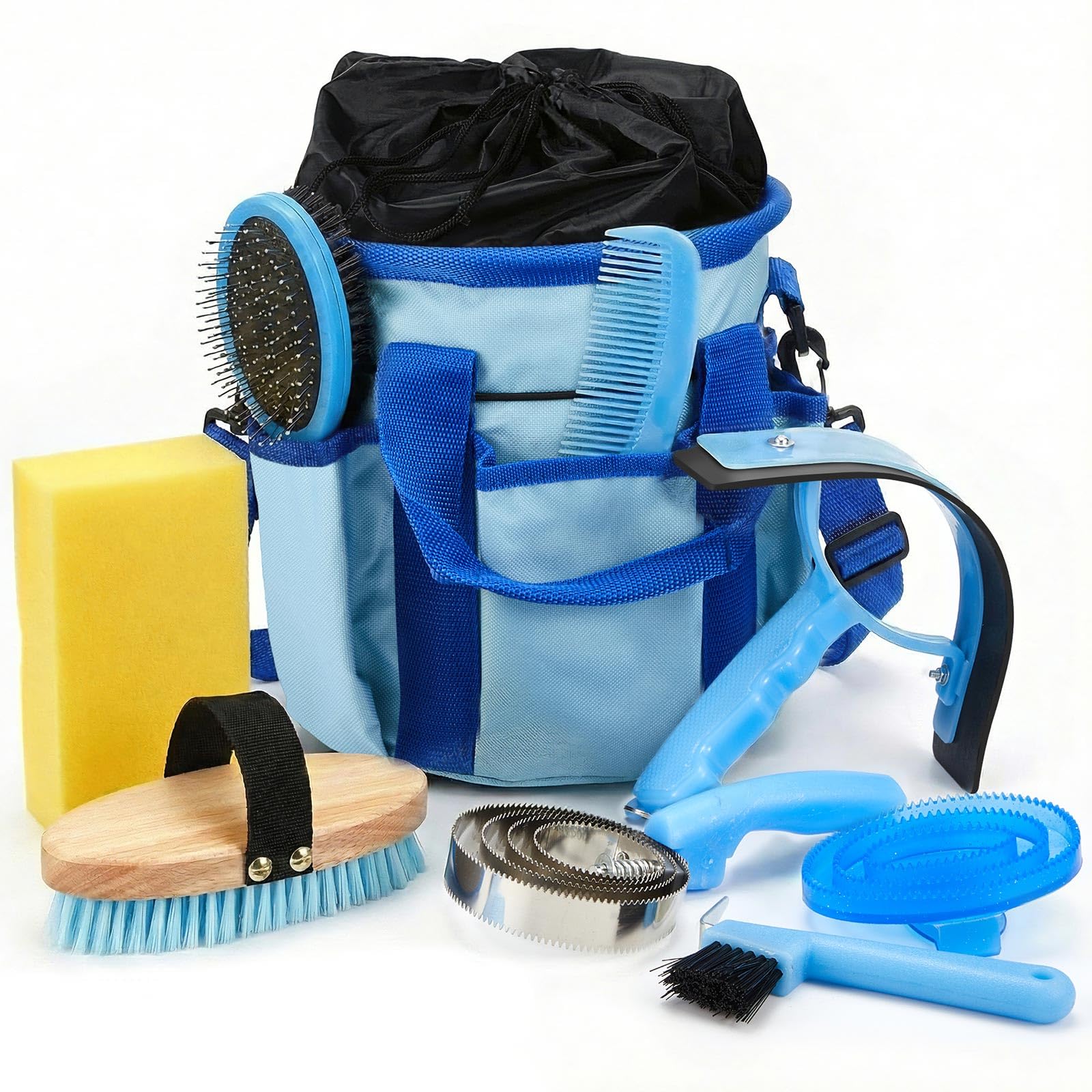 Cunhill Horse Grooming Kit Tack Room Supplies Set with Tote Bag, Oval Massage Curry, Hard and Soft Brush, Hoof Pick, Sweat Scraper, Bathing Sponge, Comb for Horse Rider Beginner (Classic,Light Blue) — image 1