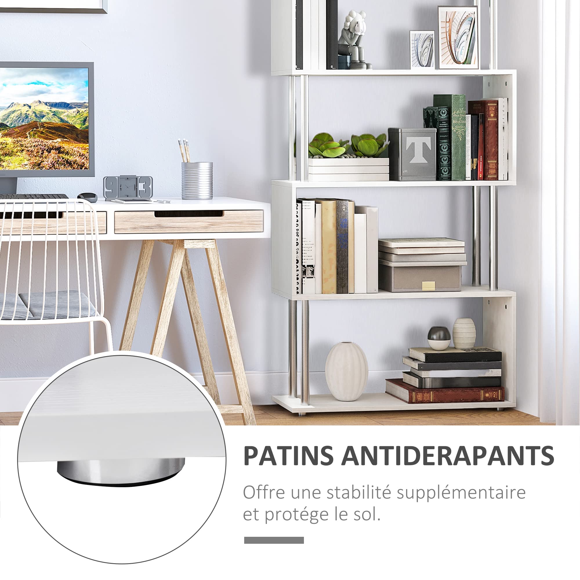 HOMCOM Bibliothèque étagère Design en S 4 Niveaux 80L x 30l x 145H cm Blanc | Contemporain