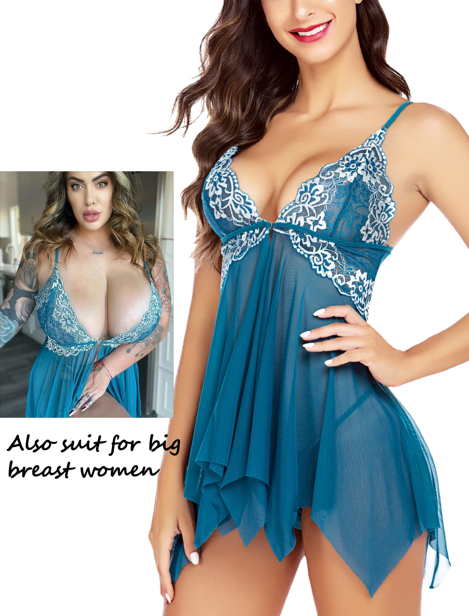 Avidlove Women Lace Lingerie Front Closure Babydoll V Neck Nightwear Sexy Chemise Nightie: Large Peacock Blue