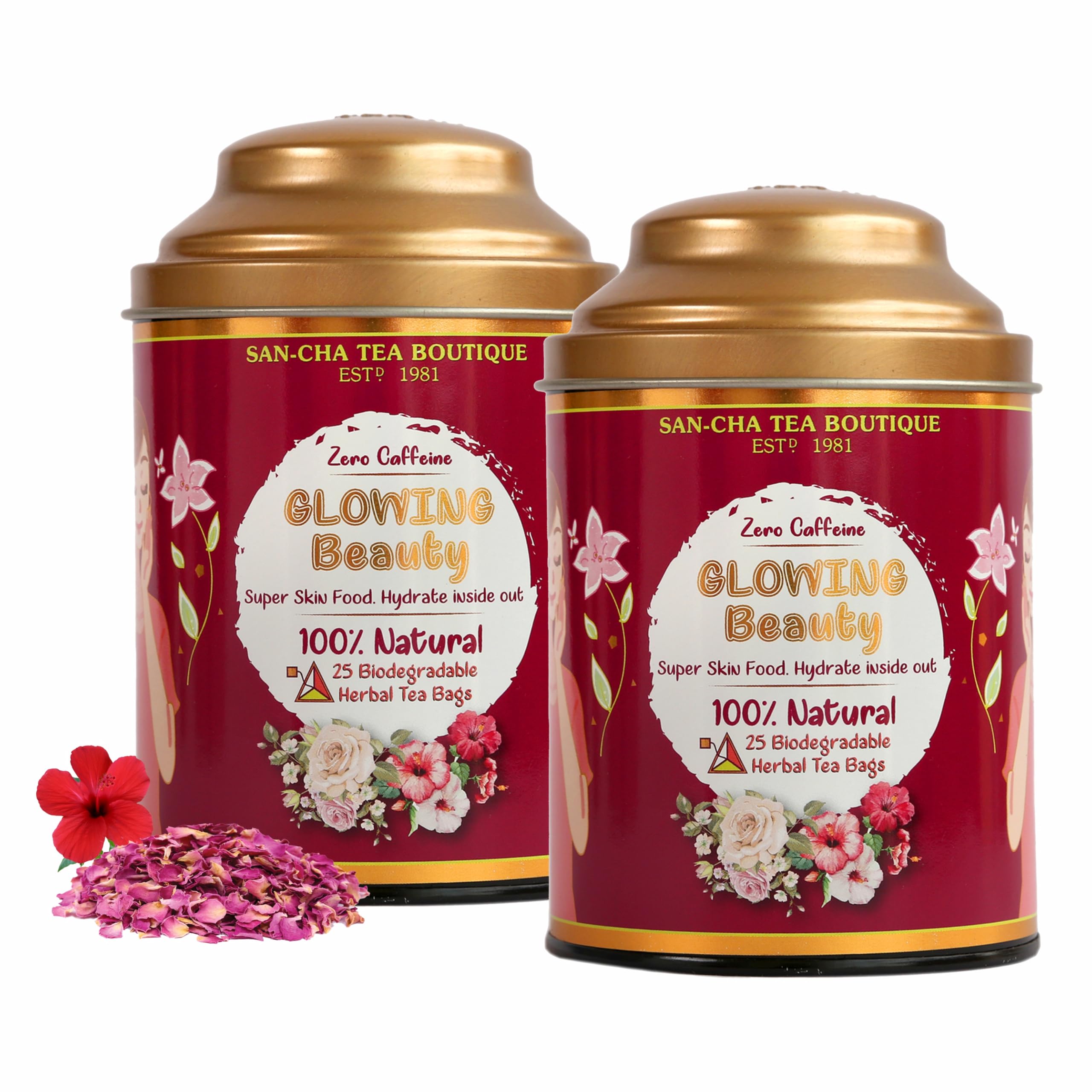 Sancha Tea Boutique, Glowing Beauty Tea, Caffeine Free Herbal Tisane, 25 Pyramid Bags, Supports Skin Glow & Skin Health (Pack of 2)