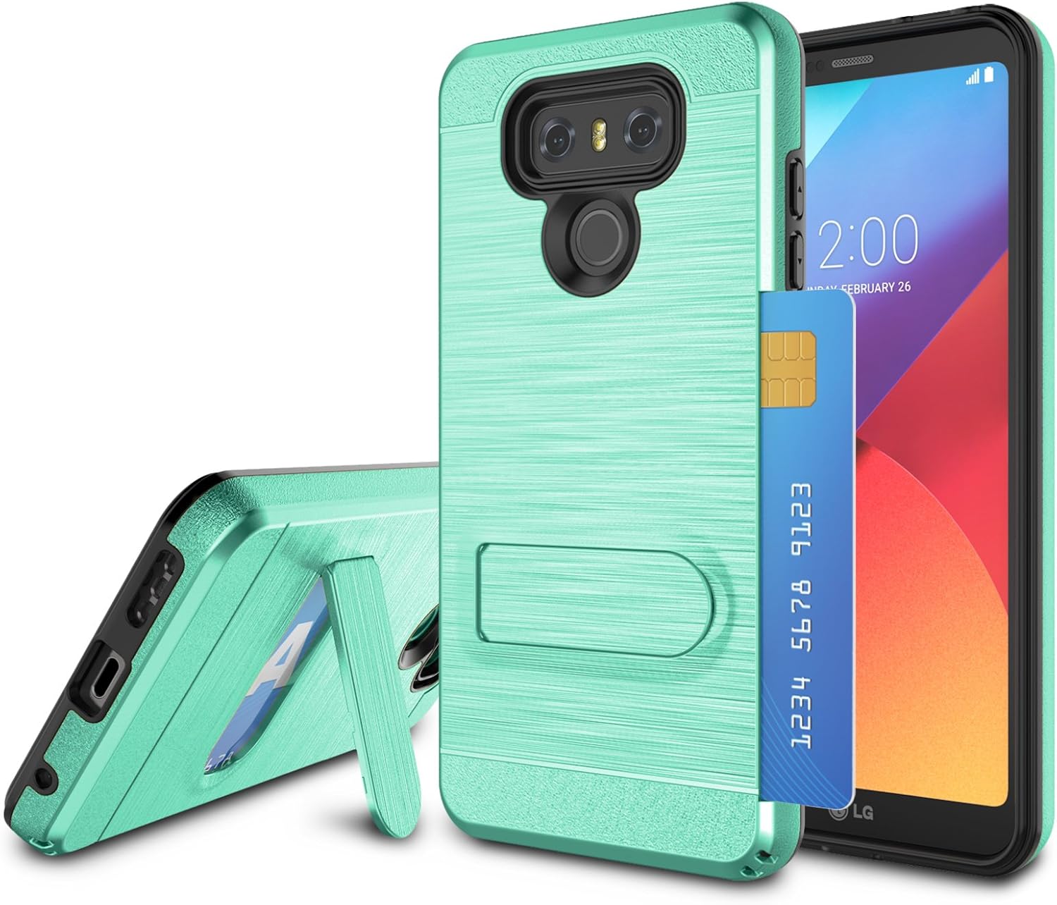 LG G6 Case, LG G6 Card Slots Holder, Jeylly [Metal Satin] Wallet Card Holder with Kickstand Hard Plastic + Soft TPU Drop Protection Hybrid Case Cover for LG G6 VS988 / LS993 - Turquoise