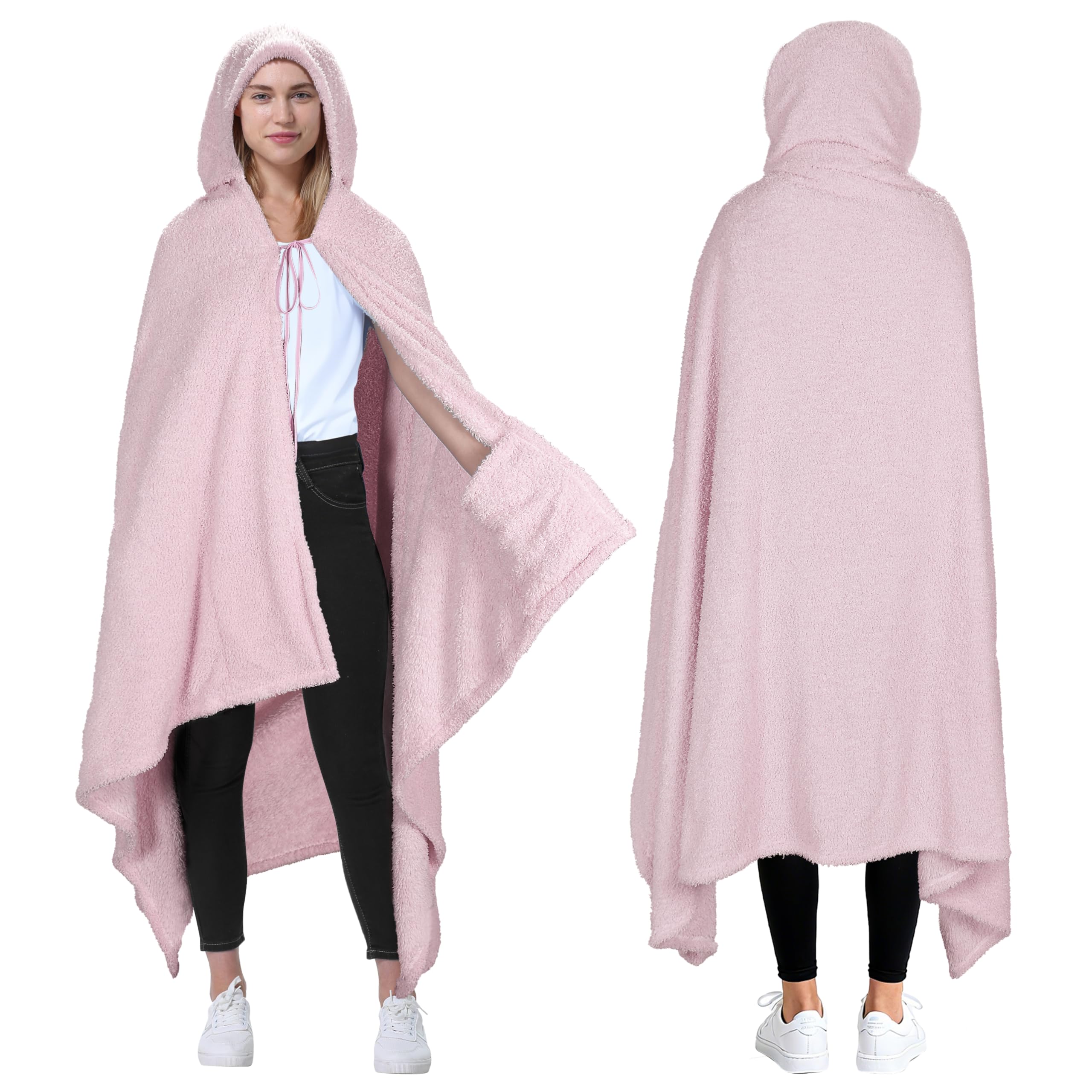 Catalonia Classy Women's Pink Hooded Blanket Poncho, Wearable Blanket Wrap With Hand Pockets, Comfy Sherpa Fleece Throw Cape For Adults Gift, 120X190cm,
